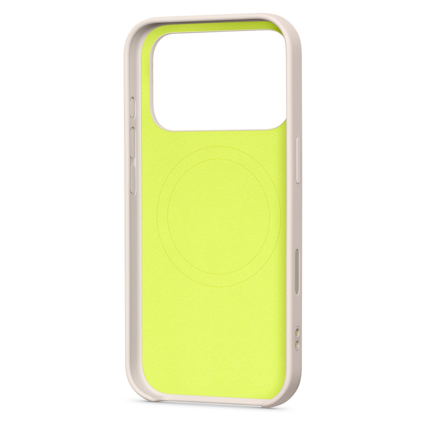 Een telefoonhoesje met een lichtbeige buitenkant en een neon groene binnenkant. De hoes heeft uitsparingen voor de camera en knoppen.