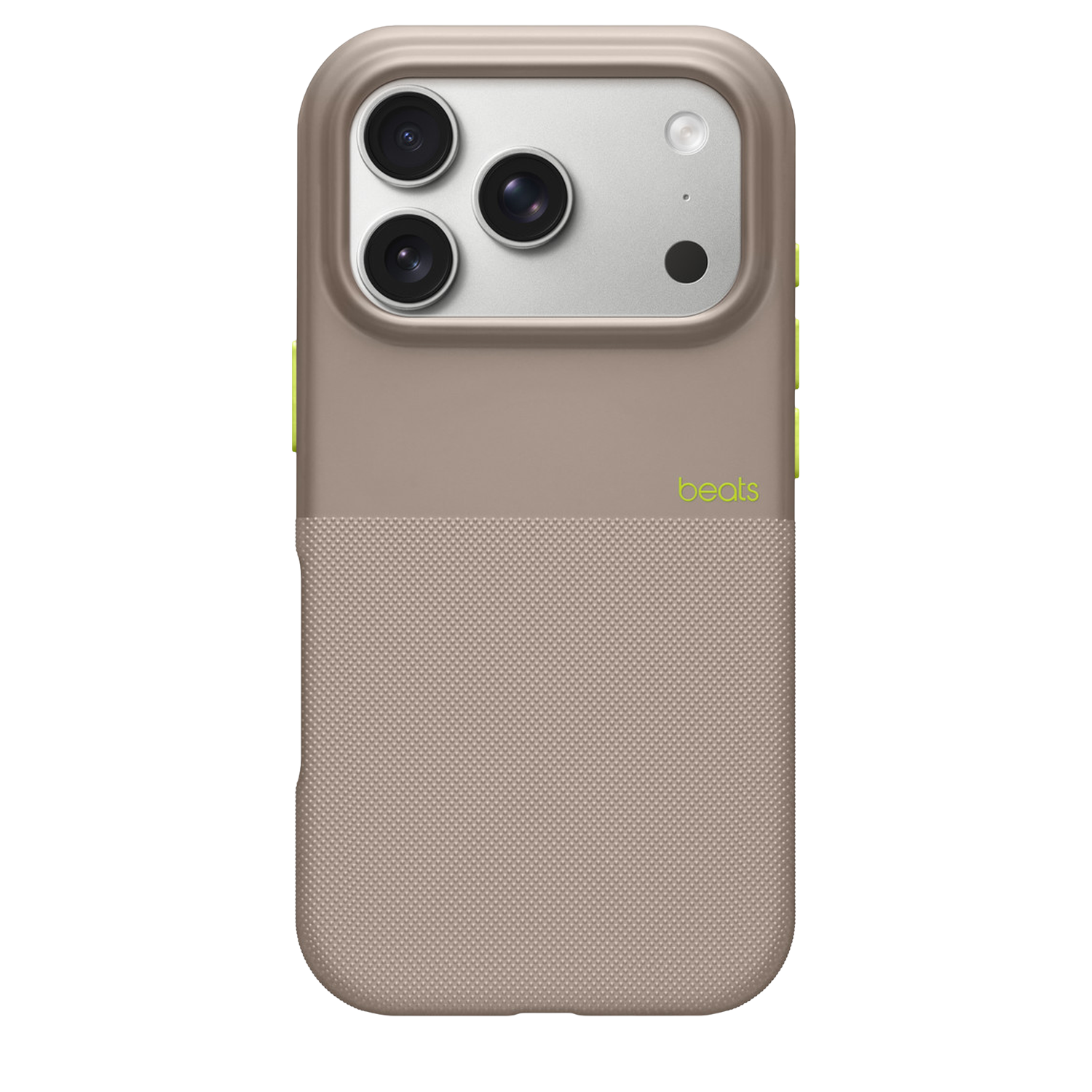 Een telefoonhoesje met drie cameralenzen en een flitser. Het is beige met groene accenten en het 'beats' logo.