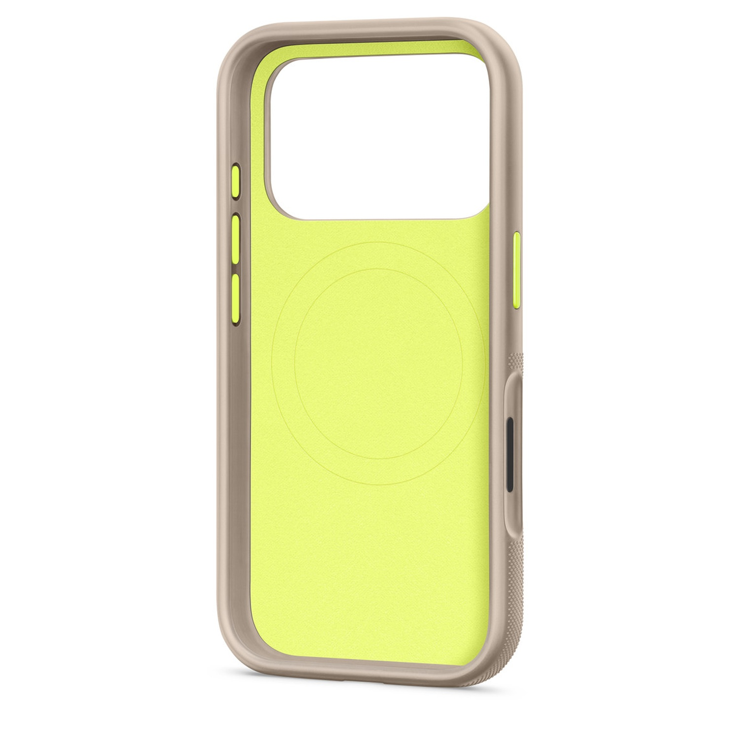Telefoonhoesje met lichtgroen interieur en beige frame. Het heeft knoppen en een camera-uitsparing.