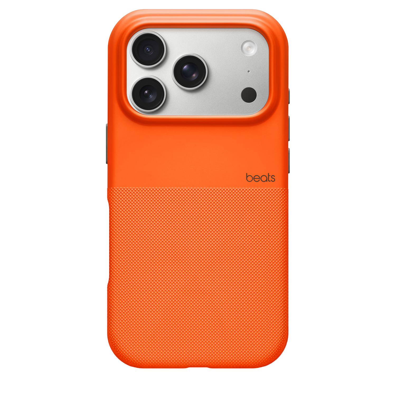 Een oranje telefoonhoesje met een getextureerde onderste helft en cameralenzen bovenaan. Het merk 'beats' staat erop gedrukt.