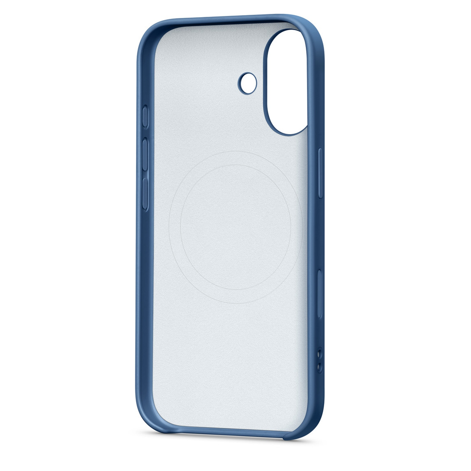 Een doorzichtige telefoonhoes met een blauwe rand. Het heeft knoppen aan de zijkant en een uitsparing voor de camera. De binnenkant is wit.