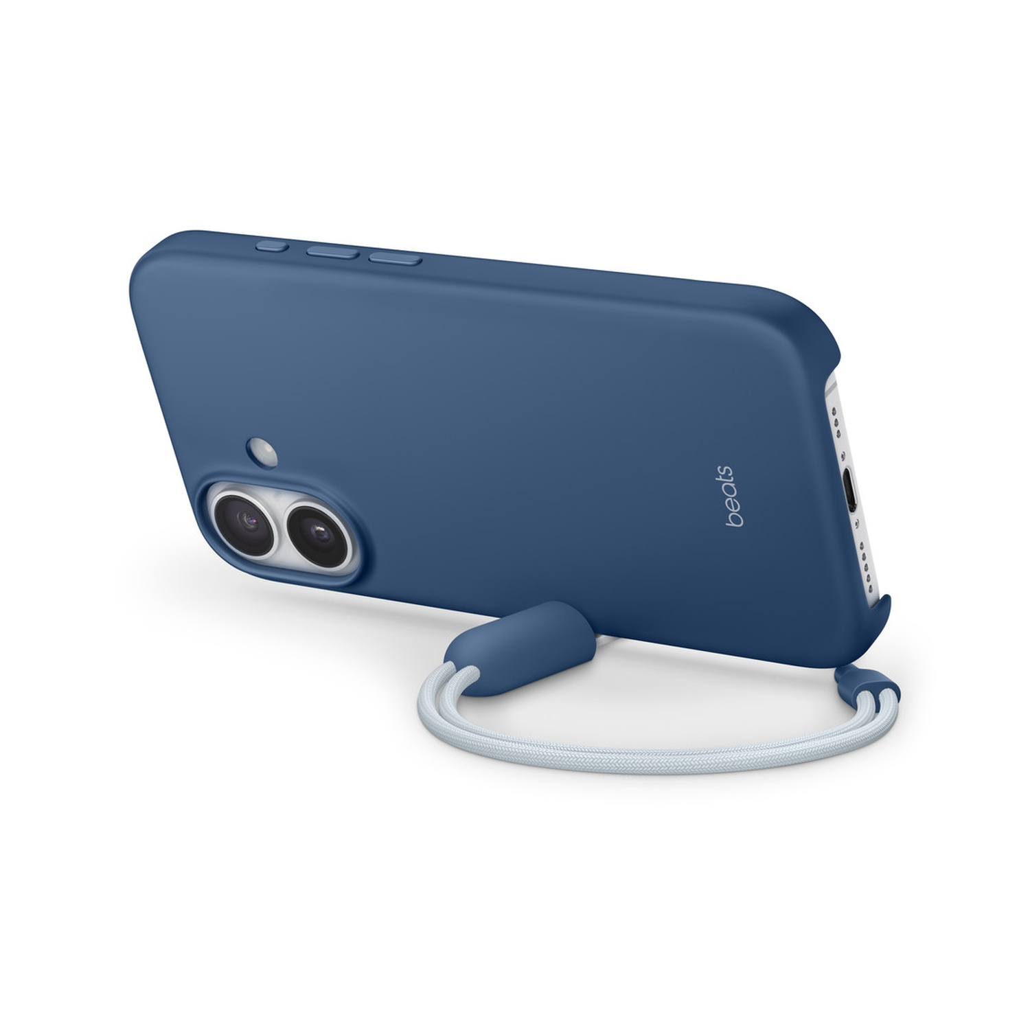 Een marineblauwe telefoonhoes met een bijpassende band en een wit koord. De telefoonhoes heeft het 'beats' logo.
