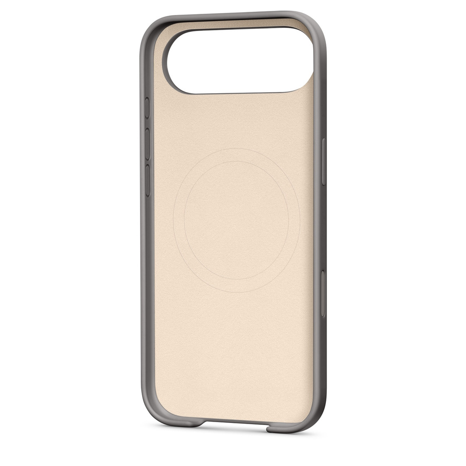 Een telefoonhoesje. Het is lichtbruin van binnen met een grijze rand. Er staat een cirkel in het midden.
