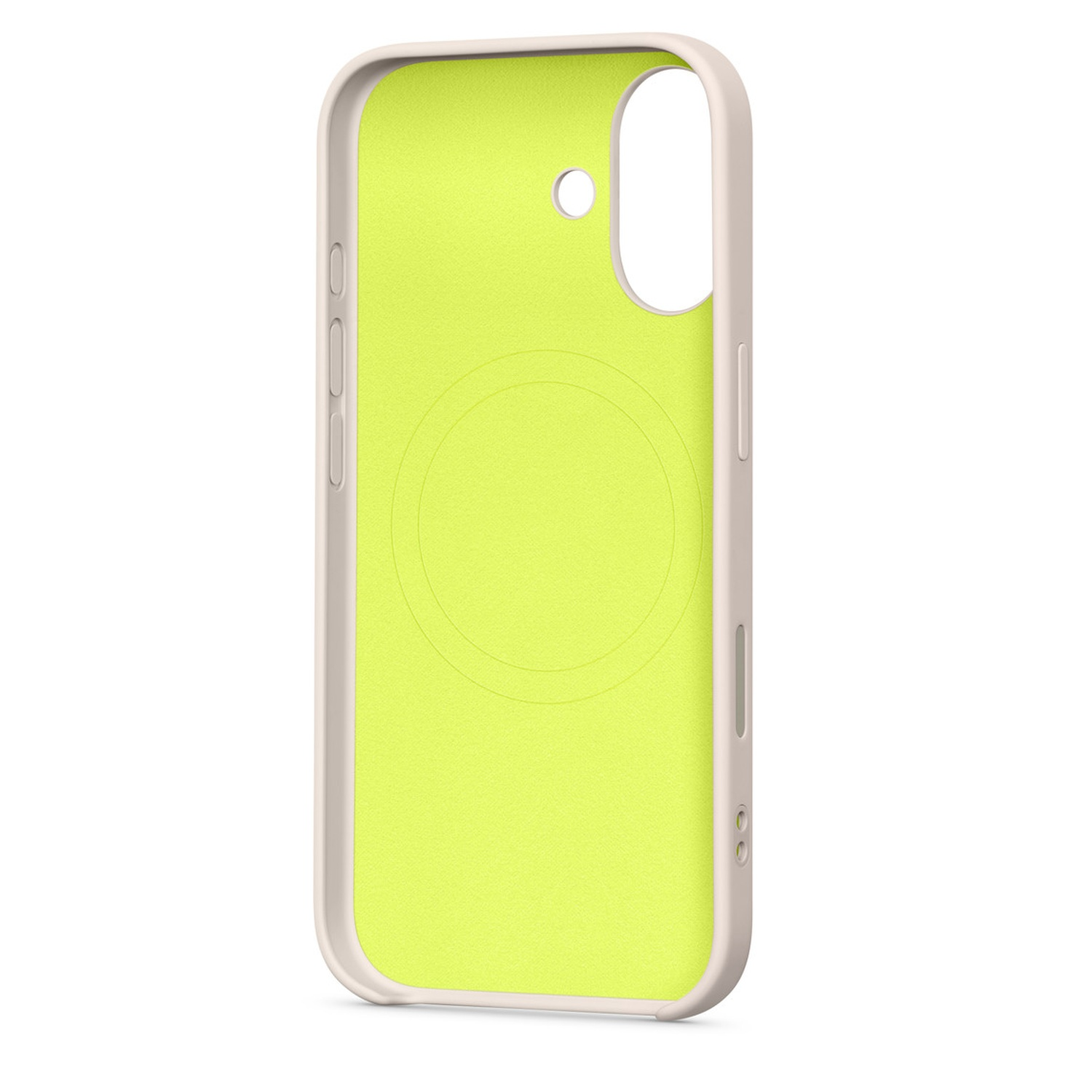 Een telefoonhoesje met een lichtgroen interieur en een beige buitenkant. Het heeft uitsparingen voor de camera en knoppen.