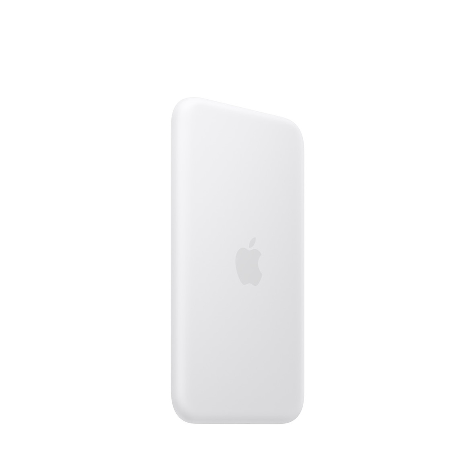 Un bloc-batterie MagSafe Apple blanc et rectangulaire, avec un logo Apple en bas au centre, sur fond blanc.