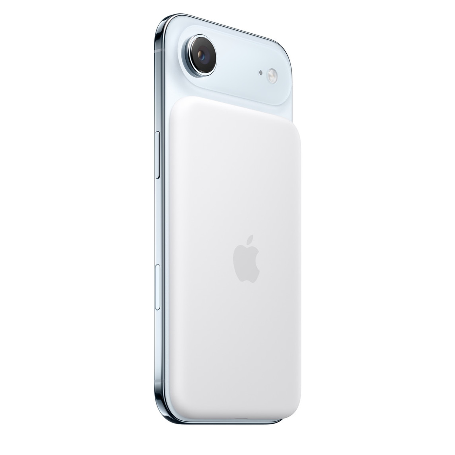 Un iPhone blanc avec une batterie MagSafe attachée. Le téléphone a un cadre argenté et une caméra. La batterie a un logo Apple.