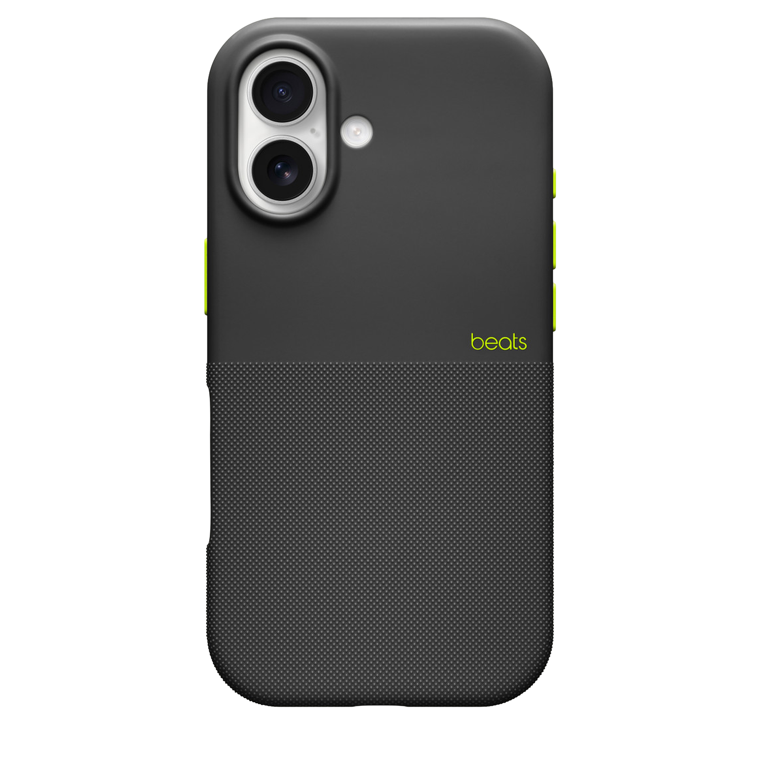 Coque de téléphone noire avec logo Beats. La partie supérieure a des lentilles de caméra. Le bas a un motif texturé. Accents verts.