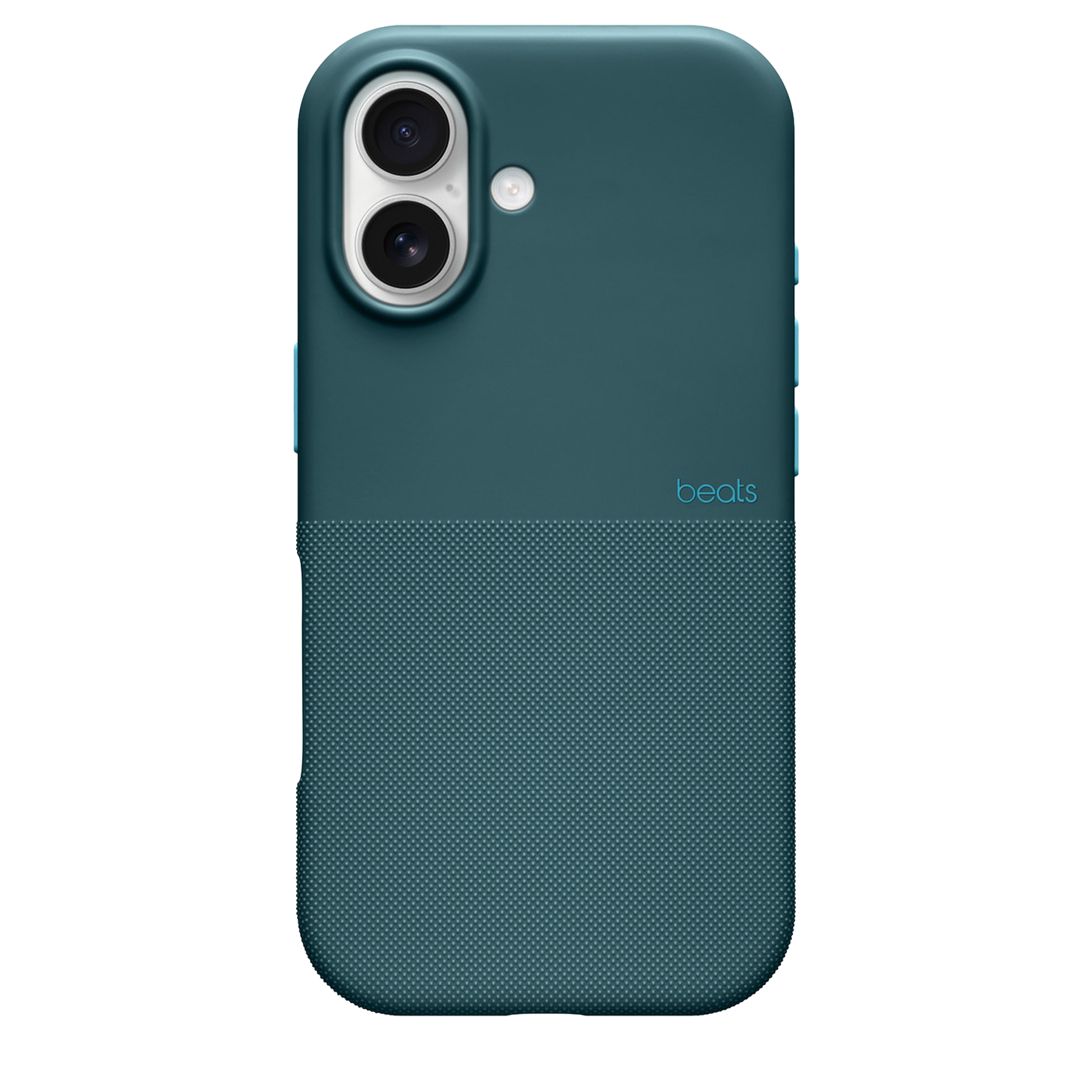Een teal telefoonhoesje met een getextureerde onderste helft en een gladde bovenste helft. Het heeft twee cameralenzen en het 'beats' logo.