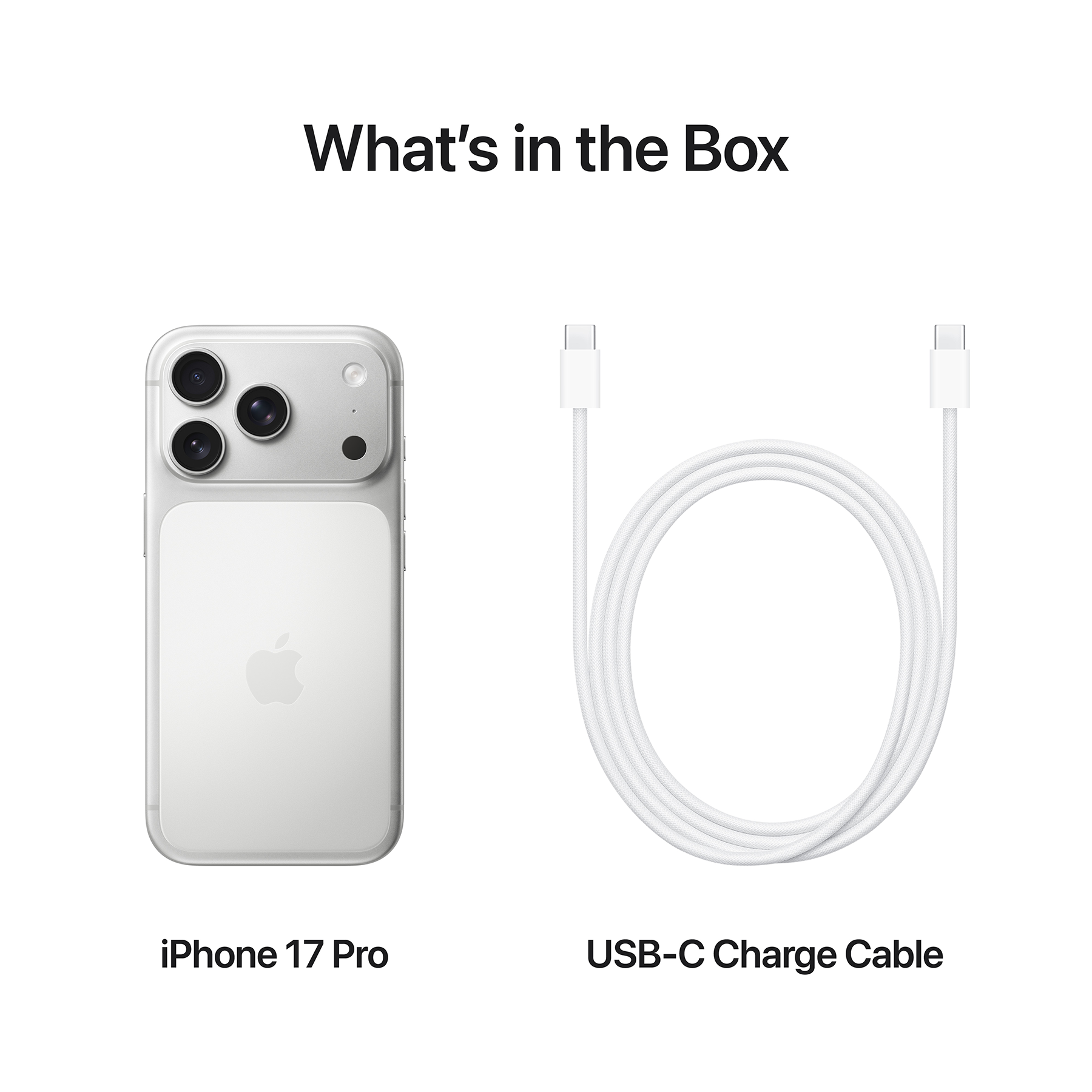 A képen iPhone 17 Pro látható USB-C töltőkábellel. A telefon ezüst, a kábel fehér. A szöveg: 'Mi van a dobozban'.