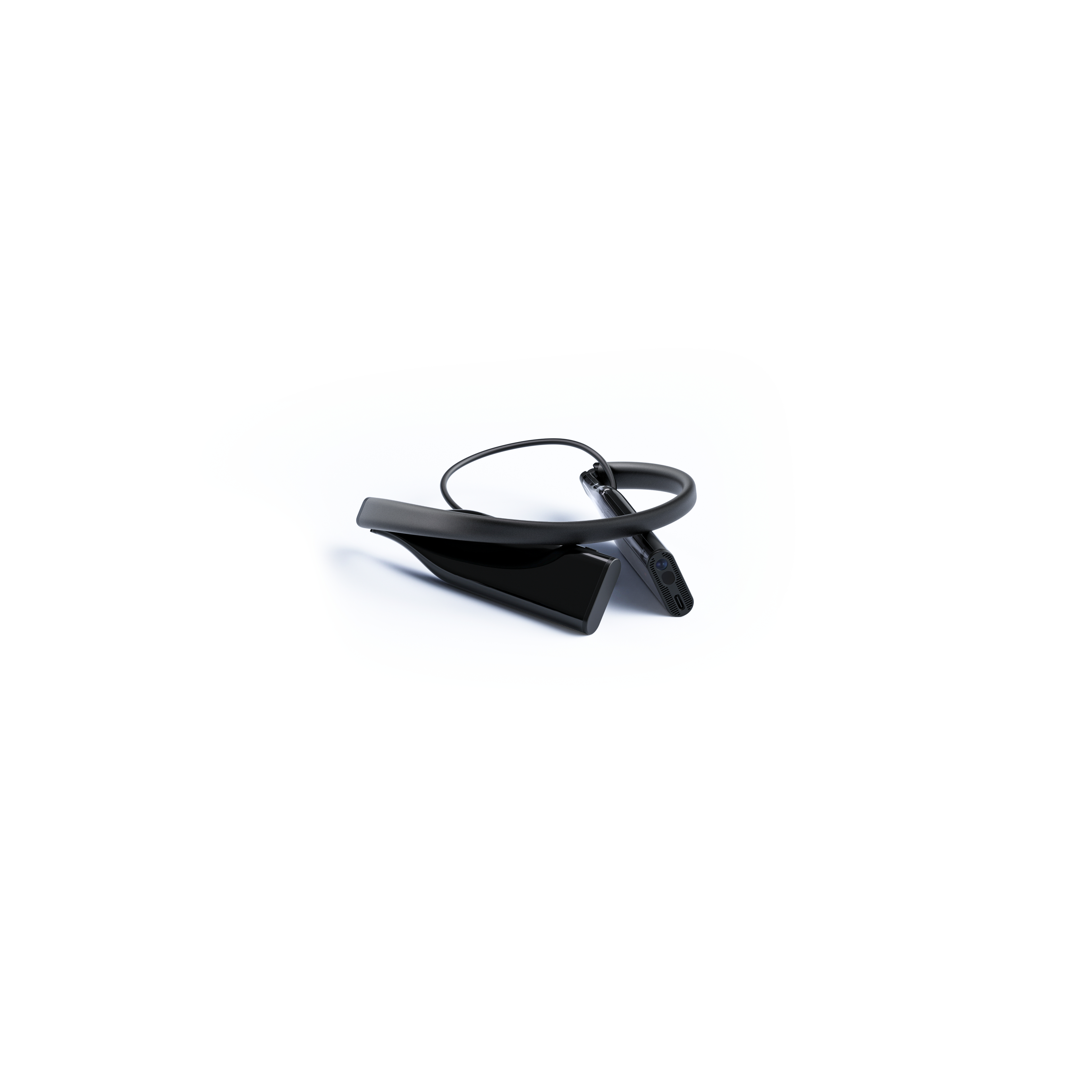 Ein schwarzes Headset liegt auf einer weißen Oberfläche. Es hat ein gebogenes Band und zwei Ohrhörer.