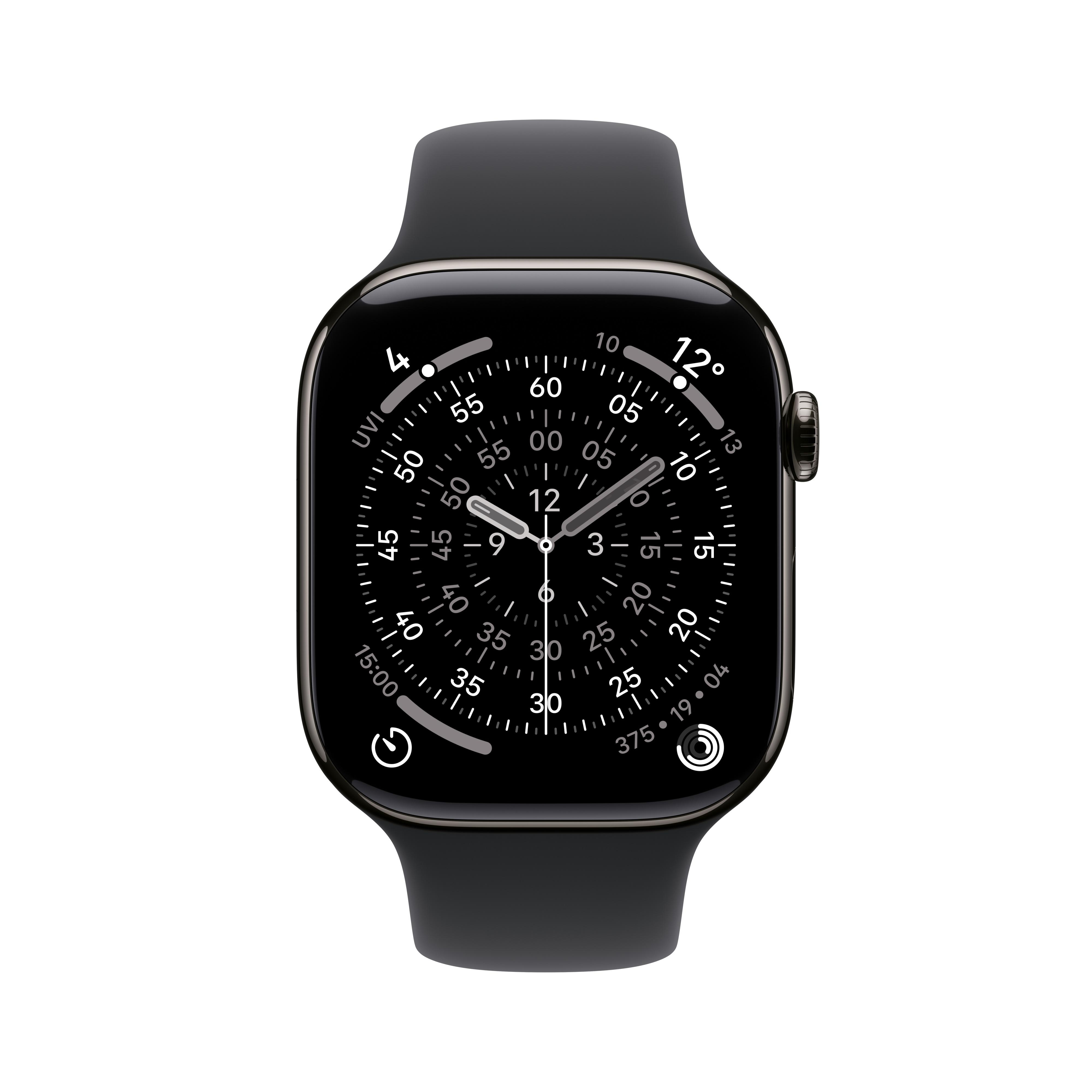 Eine schwarze Apple Watch mit dunklem Bildschirm, der Zeit und Daten anzeigt. Schwarzes Armband und eine Seitentaste.
