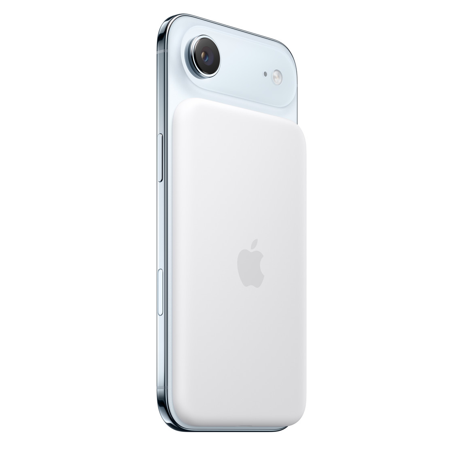 A white iPhone with a white MagSafe battery pack attached. The phone is light blue around the edges, with a camera and Apple logo.