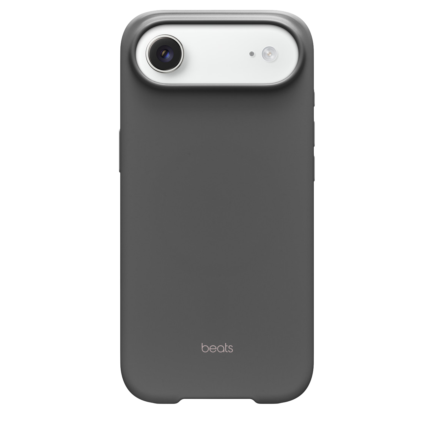 Een donkergrijze telefoonhoes met een camera. De hoes is onderaan voorzien van het merk 'beats'.