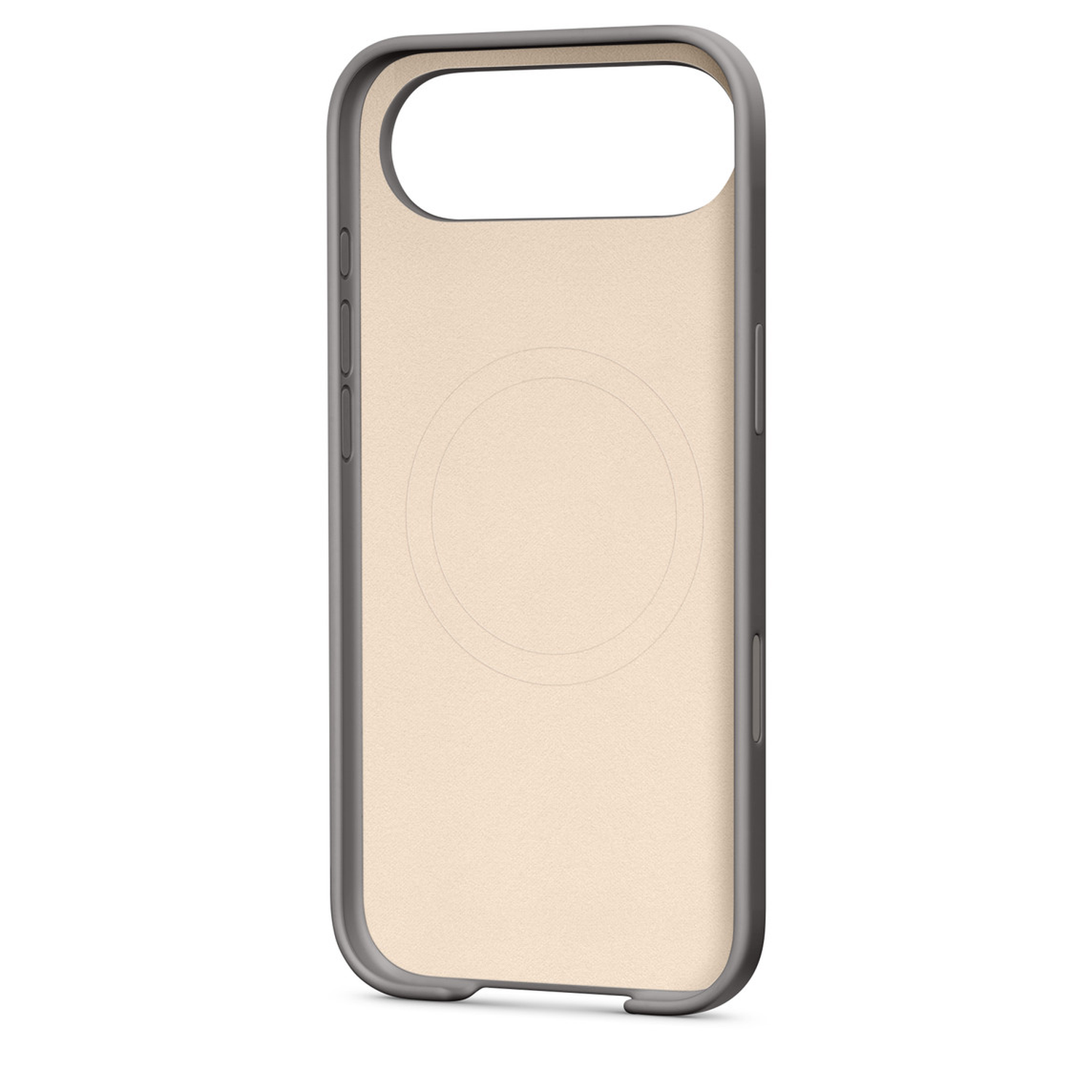 Een smartphonehoesje. Het heeft een grijs frame met uitsparingen voor de camera en knoppen. De binnenkant is beige met een cirkelvormig ontwerp.
