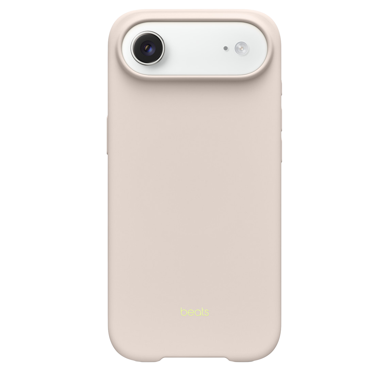 Een lichtroze telefoonhoesje met een cameramodule. Het heeft een Beats-logo. De case staat op een witte achtergrond.