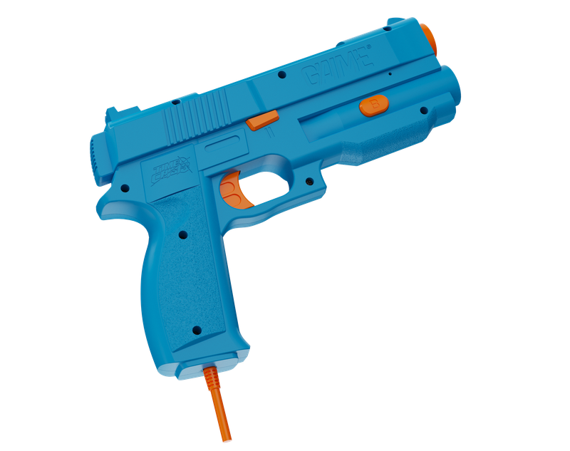 Una pistola de juguete azul con detalles en naranja como el gatillo y la boquilla se inclina sobre un fondo negro. La marca GAME es visible.