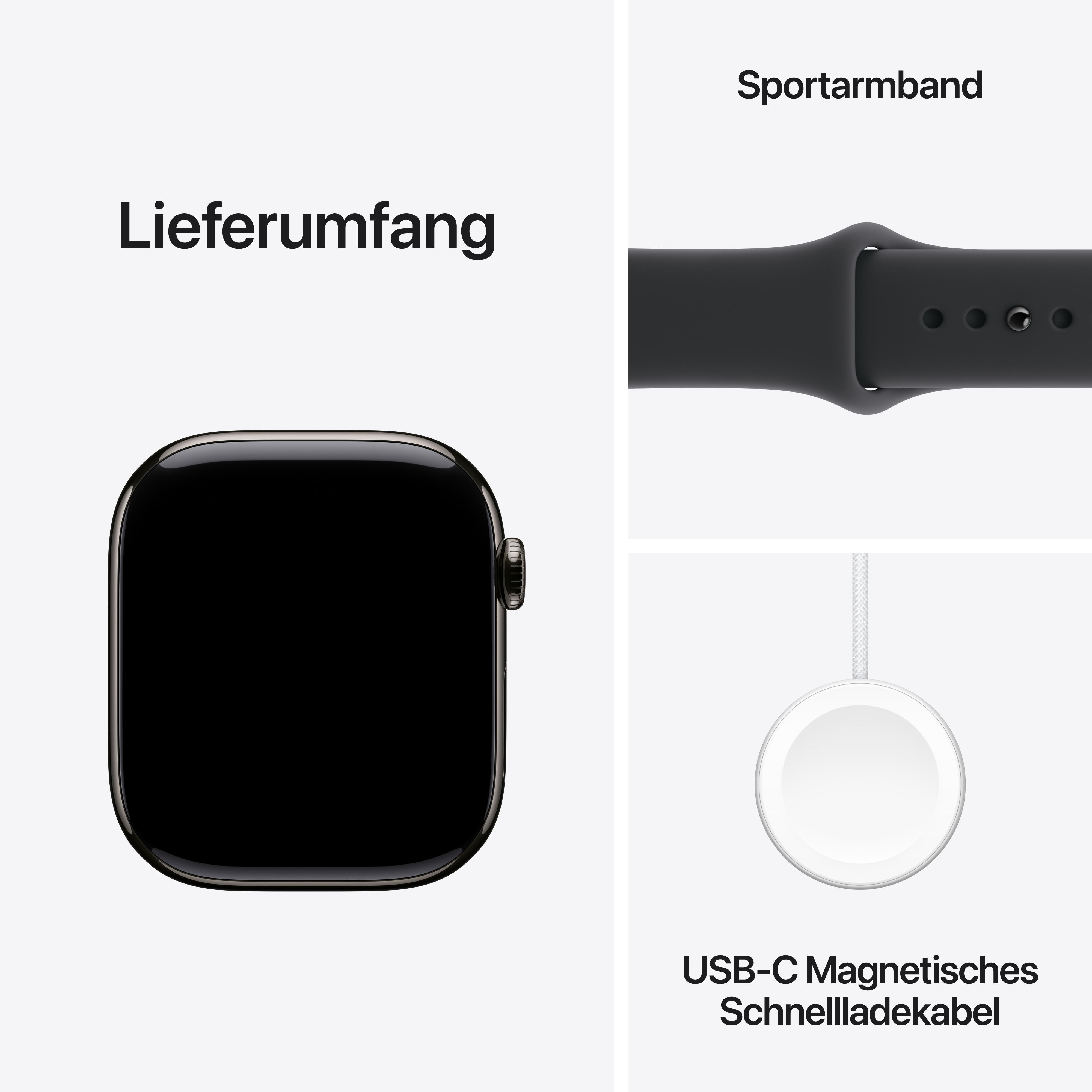 Eine Apple Watch mit schwarzem Armband, ein Ladekabel und das Sportarmband werden auf weißem Hintergrund präsentiert.