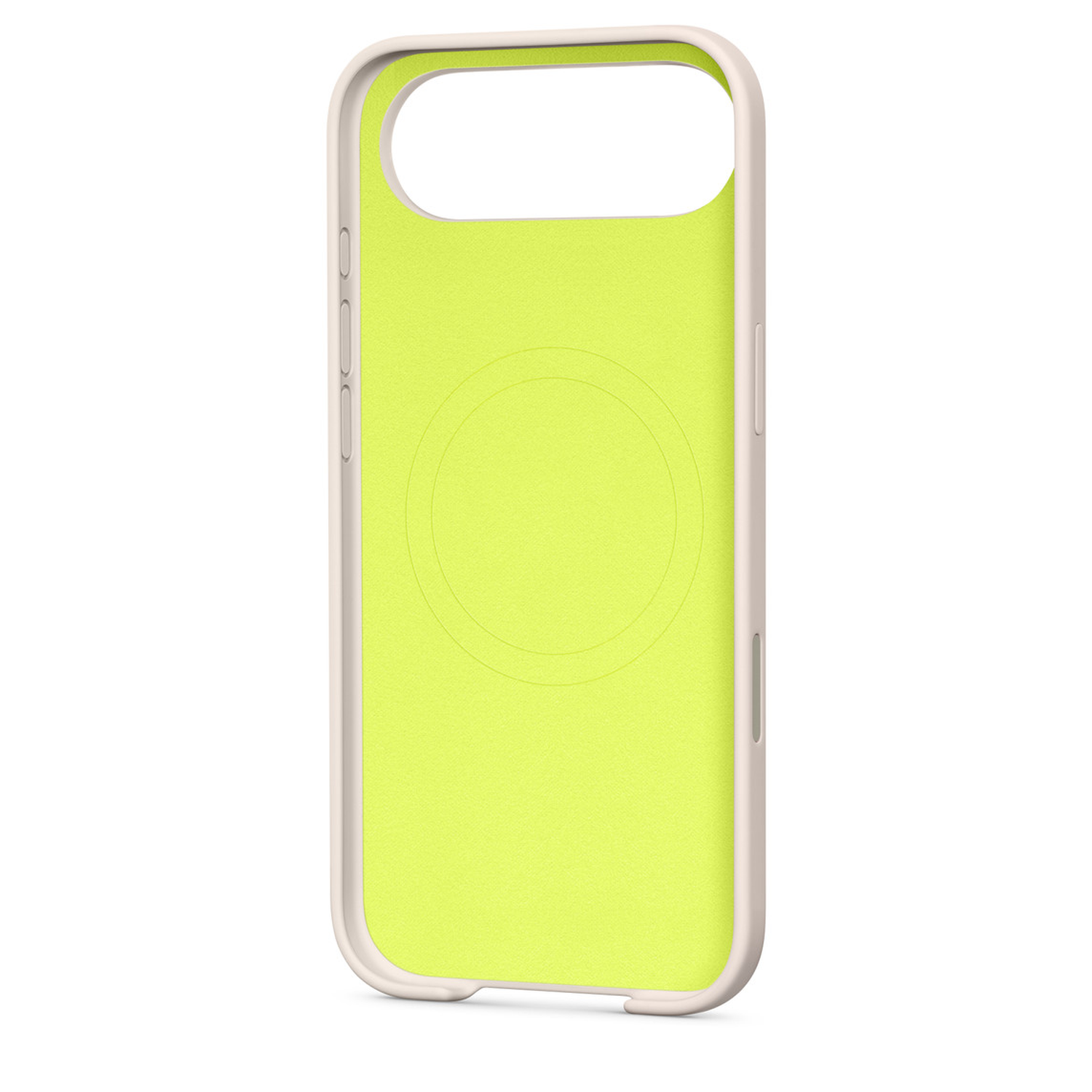 Een telefoonhoesje, wit frame met neon groen interieur. De hoes heeft knipgaten en een camera-opening aan de bovenkant.