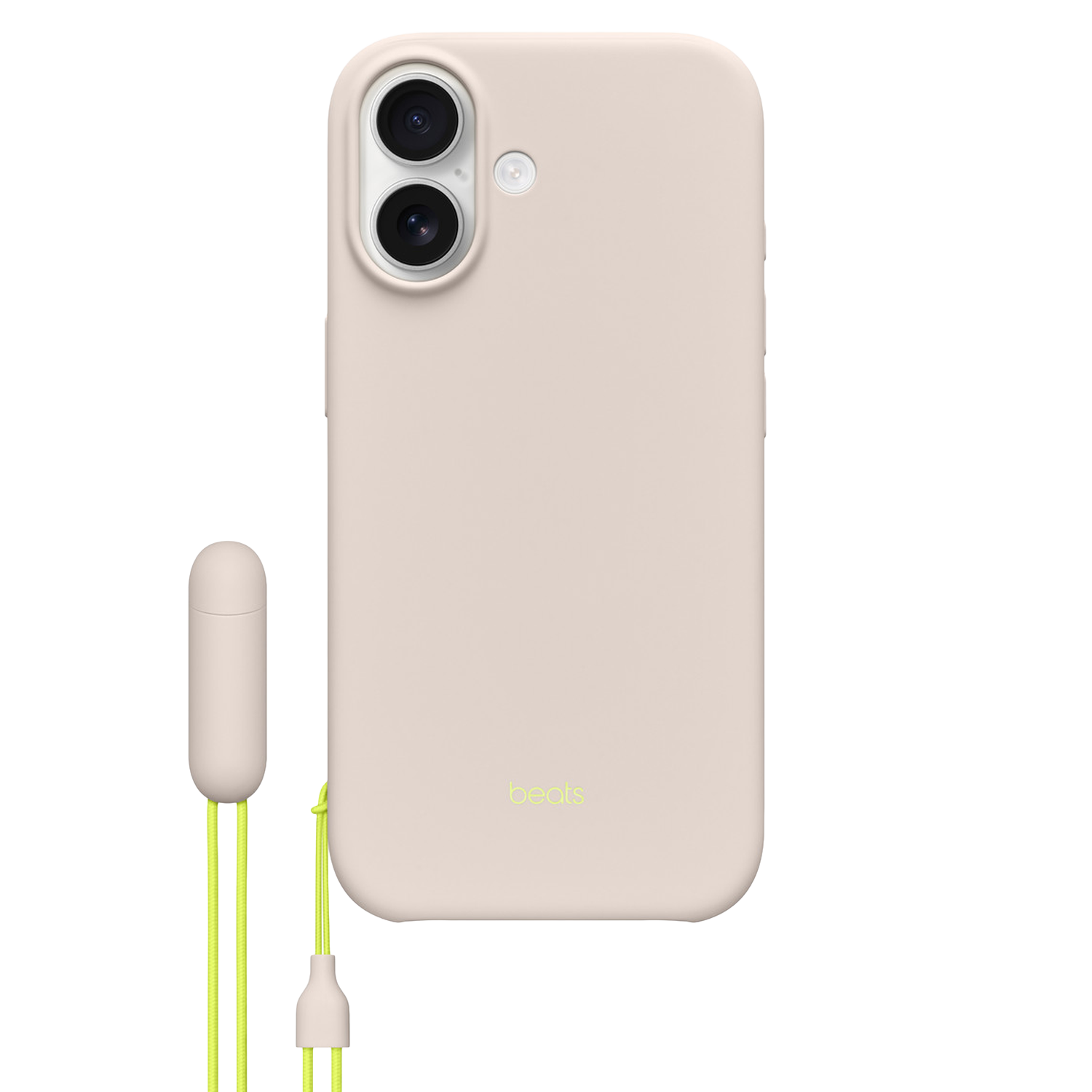 Een lichtroze telefoonhoesje met Beats-logo, twee camera's en een neon groen bandje. Een bijpassend accessoire hangt aan de zijkant.