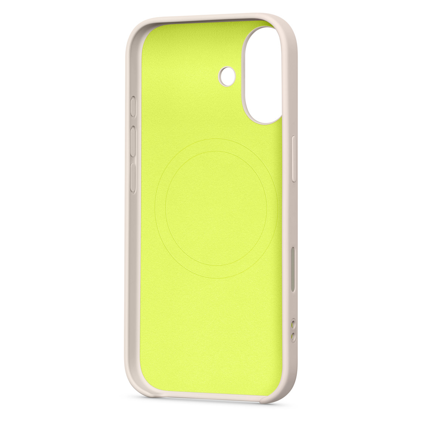 Een telefoonhoesje met een lichtgroen interieur en een crèmekleurig exterieur. De hoes heeft uitsparingen voor knoppen en camera's en een cirkelvormig ontwerp.