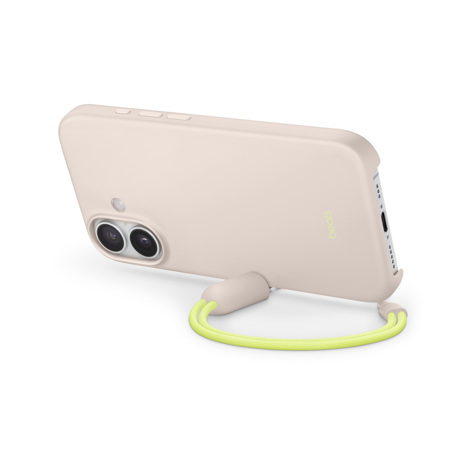 Een beige telefoonhoesje met een limoengroen koord wordt getoond op een witte achtergrond. De case heeft twee cameralenzen en een merknaam.