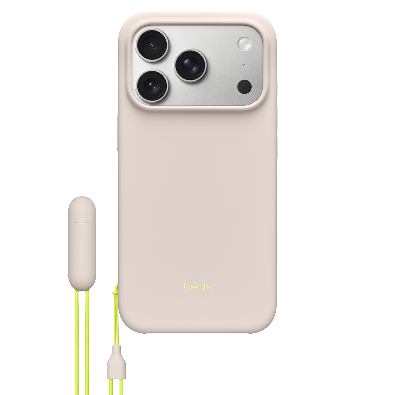 Een lichtroze telefoonhoesje met drie cameralenzen, een zilveren cameramodule en een neongeel koord. Het merk 'beats' is zichtbaar.