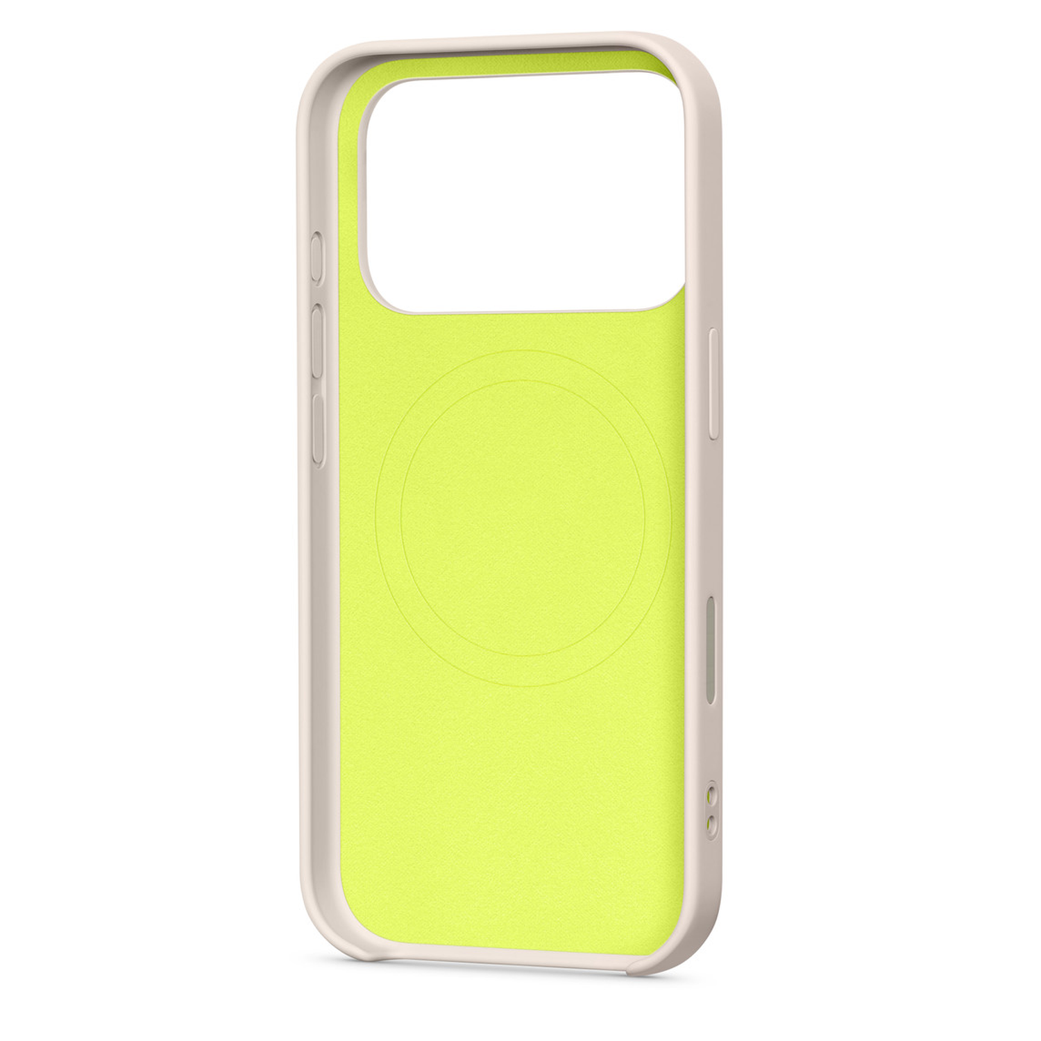 Een telefoonhoesje. De hoes is lichtbeige aan de buitenkant en neongeel aan de binnenkant. Het heeft uitsparingen voor de camera en knoppen.