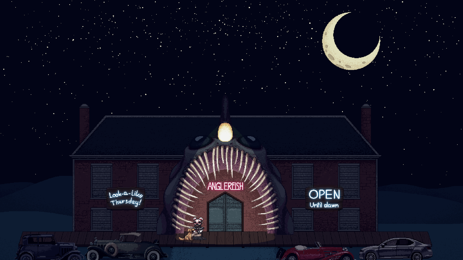 Escena de arte pixelado por la noche. Un edificio de pez abisal con coches aparcados delante. Un oso y un perro están en la entrada bajo la luna.