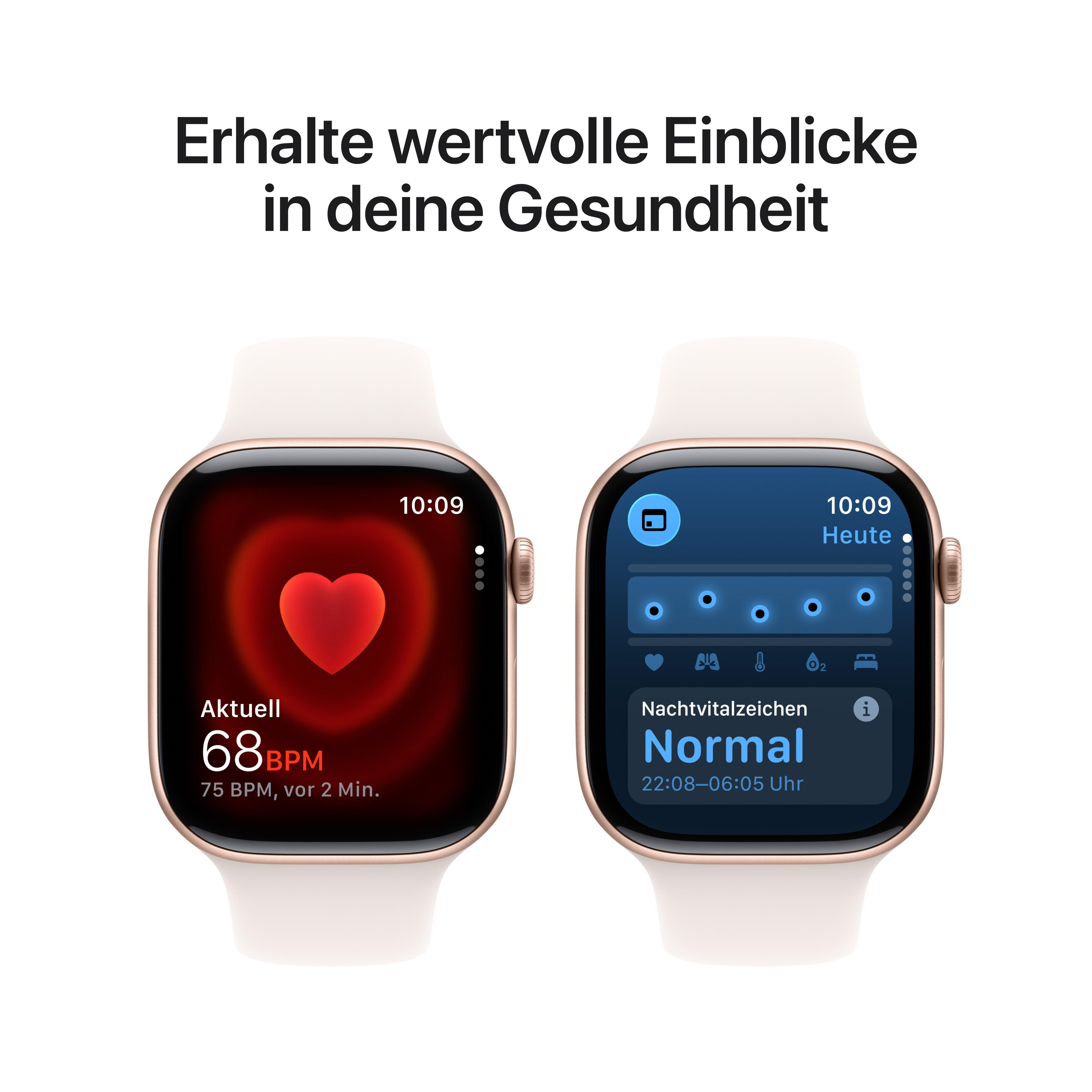 Zwei Smartwatches zeigen Gesundheitsdaten. Eine zeigt die Herzfrequenz, die andere Schlafdaten. Weißer Hintergrund.