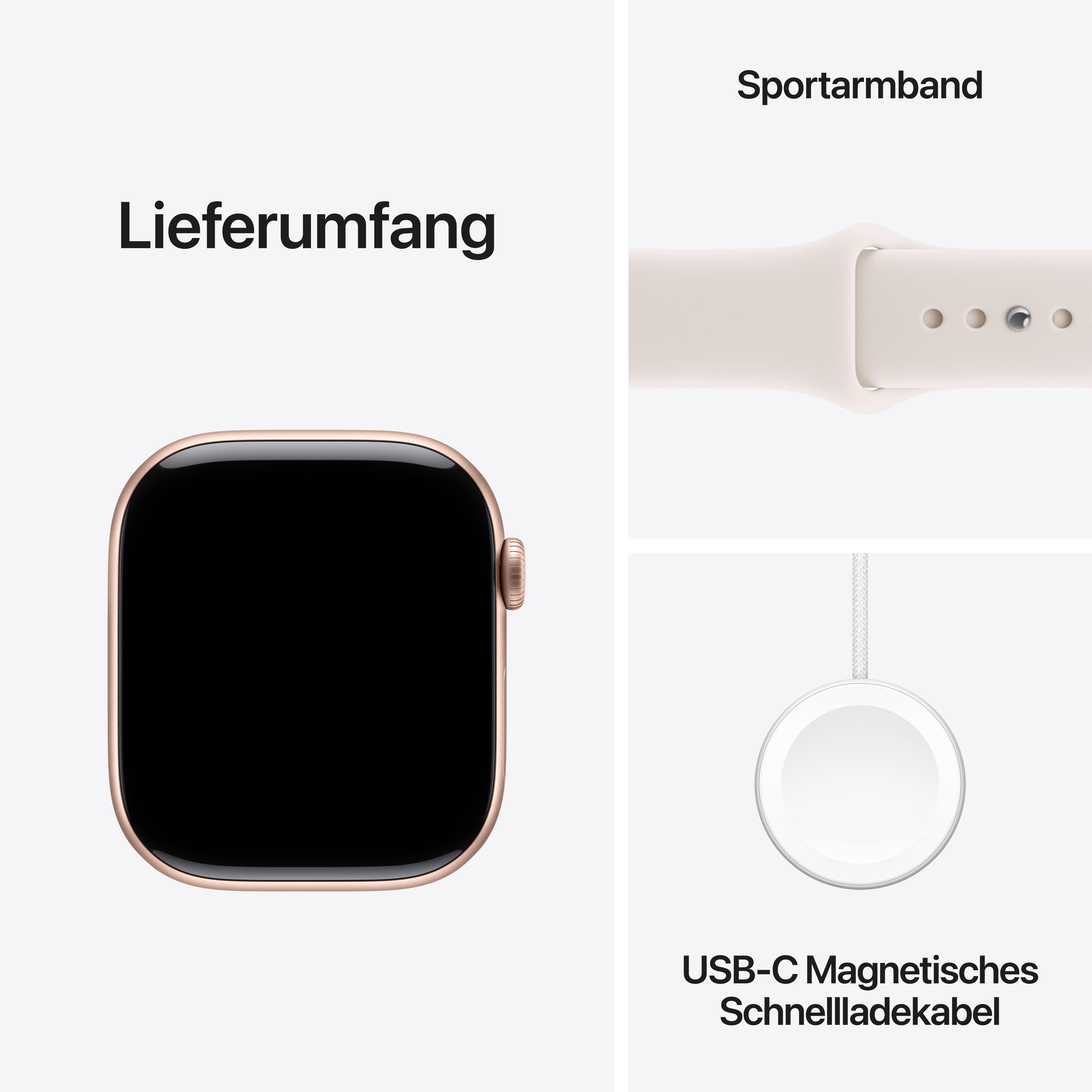 Eine Apple Watch mit goldenem Gehäuse, weißem Sportarmband und magnetischem Ladekabel. Text: Lieferumfang.