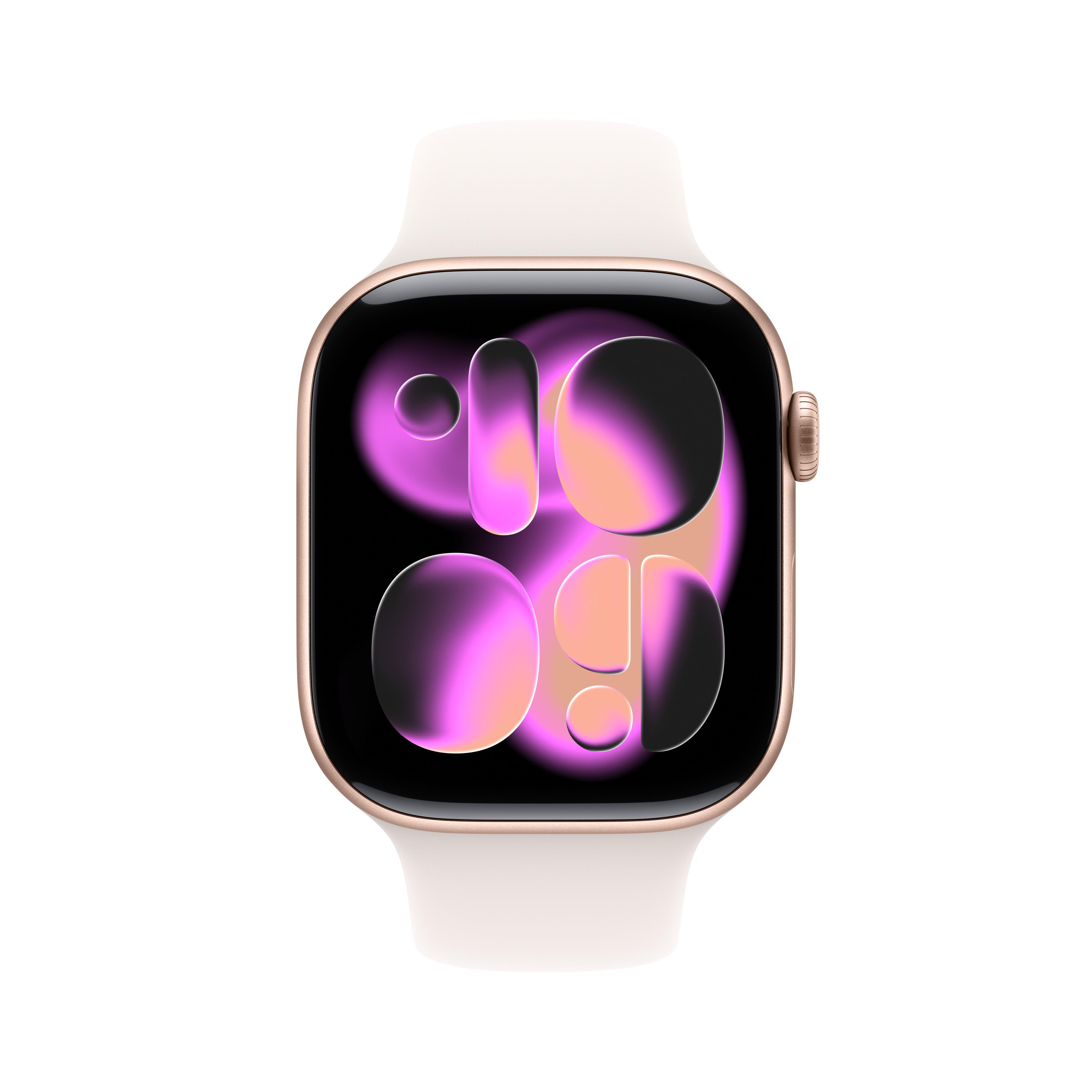 Eine goldene Apple Watch mit weißem Armband. Das Zifferblatt zeigt eine stilisierte rosa-violette Grafik.