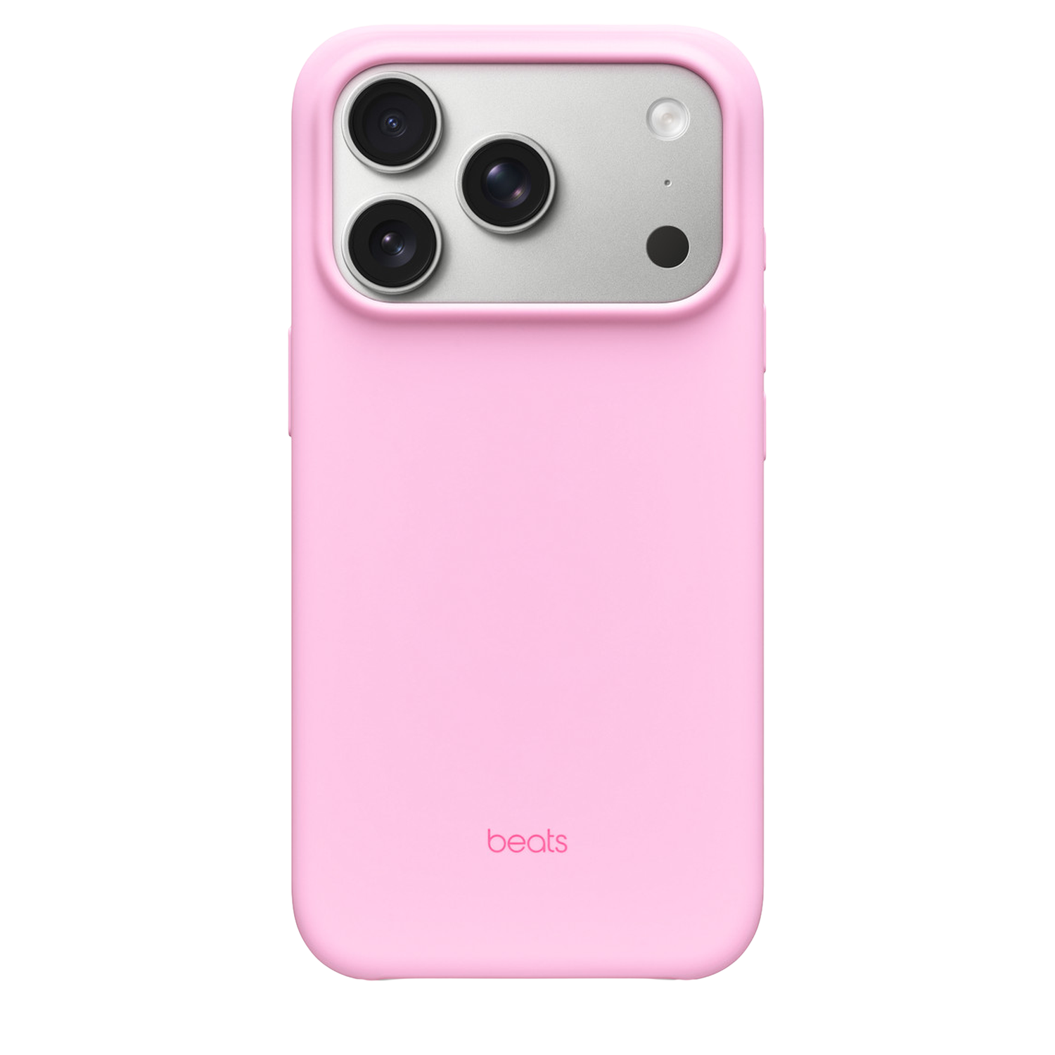Coque d'iPhone rose. Elle possède trois objectifs photo, un flash et le mot 'beats'. Le fond est blanc.