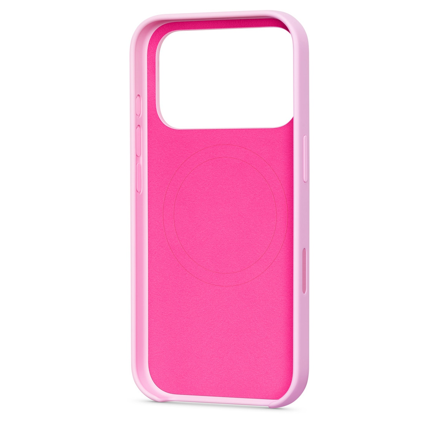 Une coque de téléphone rose avec une bordure rose plus claire. L'intérieur est rose vif. La coque a des découpes.