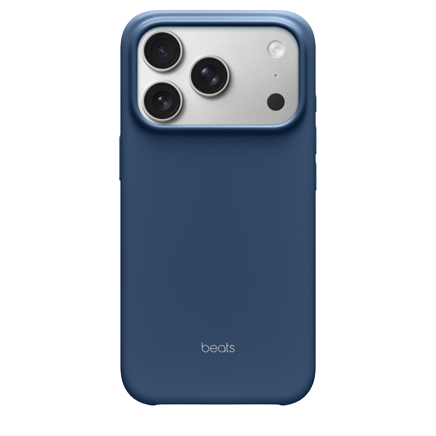 Une coque de téléphone bleue avec le logo Beats. Elle possède un module photo avec trois objectifs et un flash. Le fond est blanc.