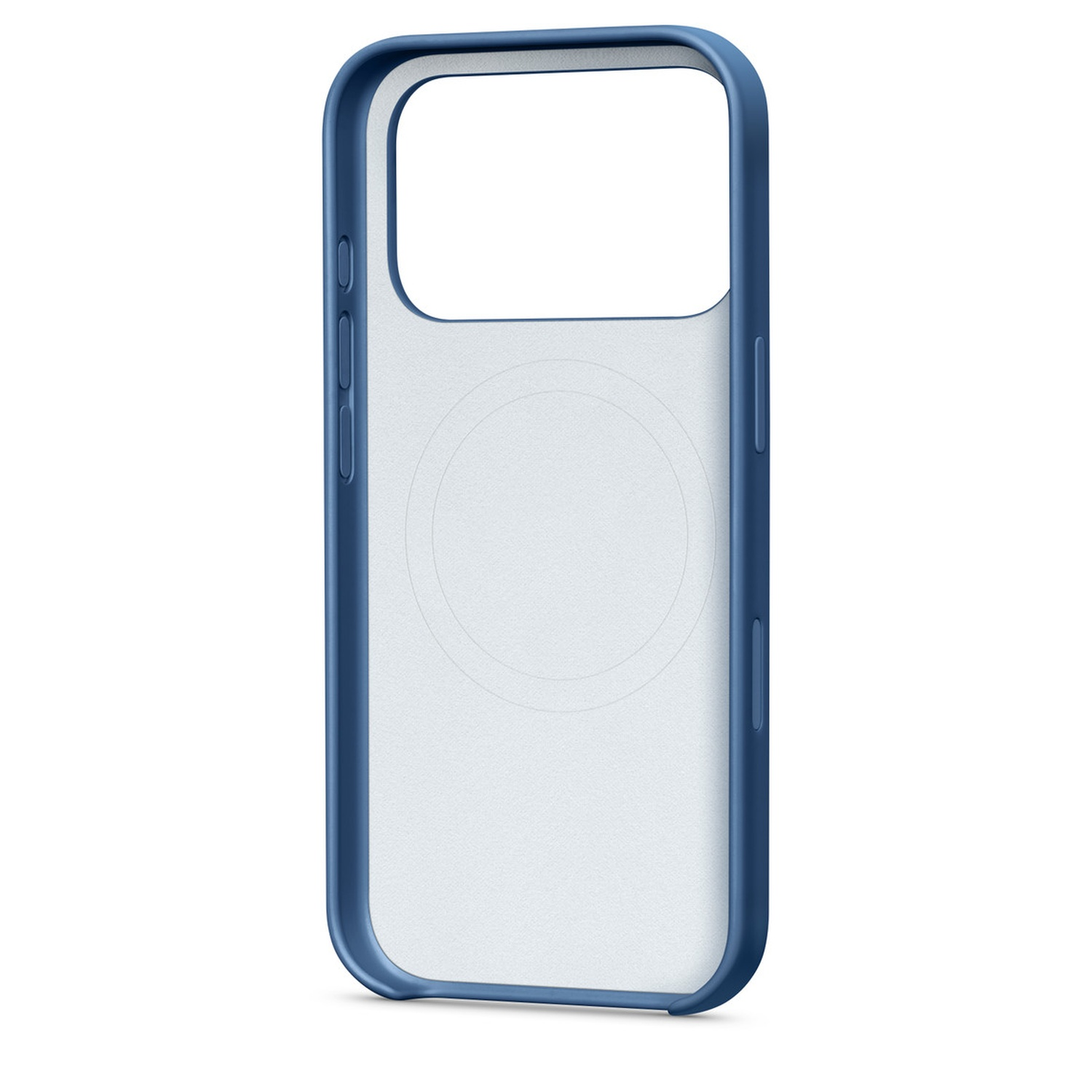 Une coque de téléphone bleue avec un dos transparent. La coque a une lunette surélevée autour de la caméra et de l'écran.