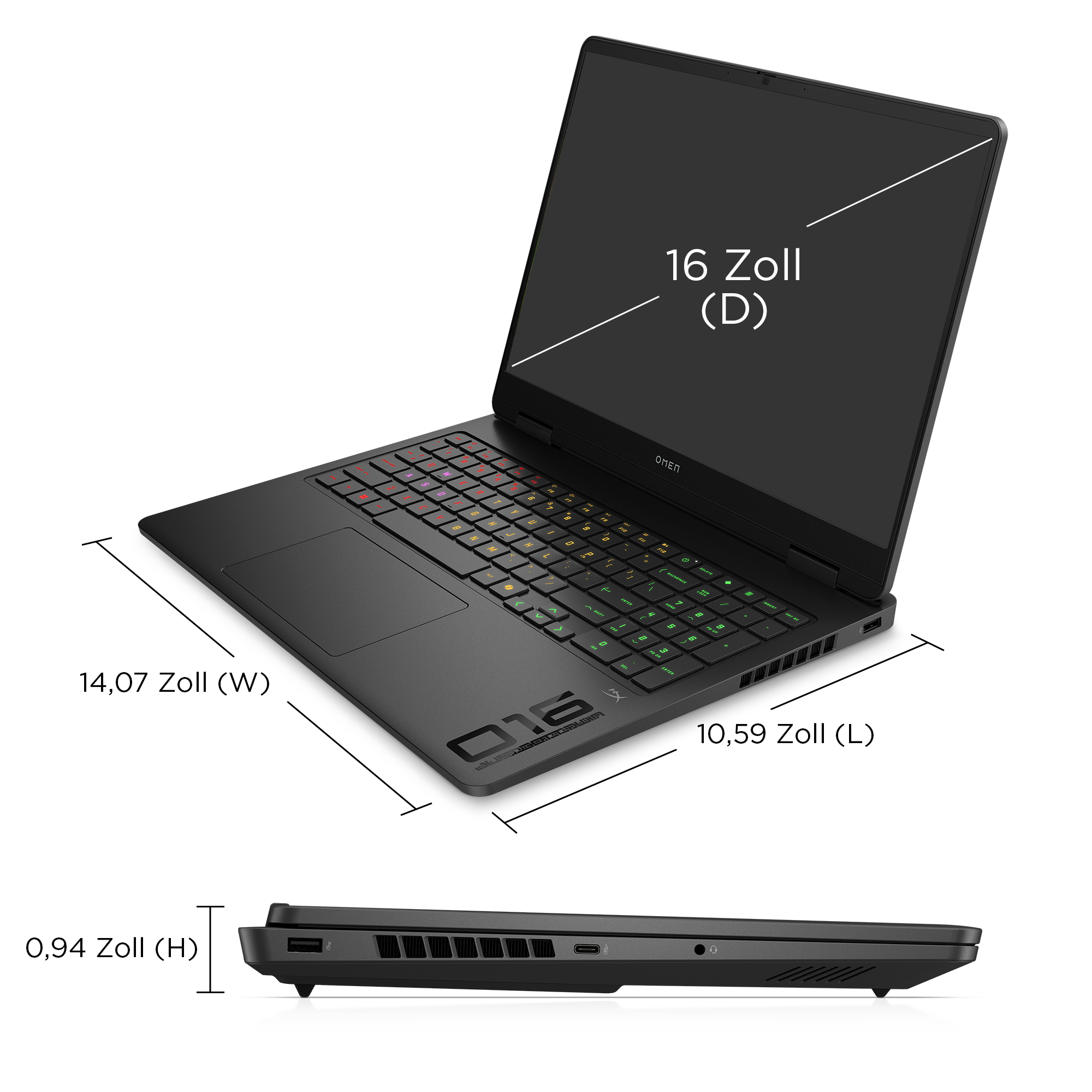 Schwarzer Omen-Laptop mit Maßangaben. Bildschirm offen, Tastatur sichtbar. Seitenansicht zeigt Anschlüsse und Lüfter. Maße: 16 Zoll, 14,07 Zoll, 10,59 Zoll, 0,94 Zoll.