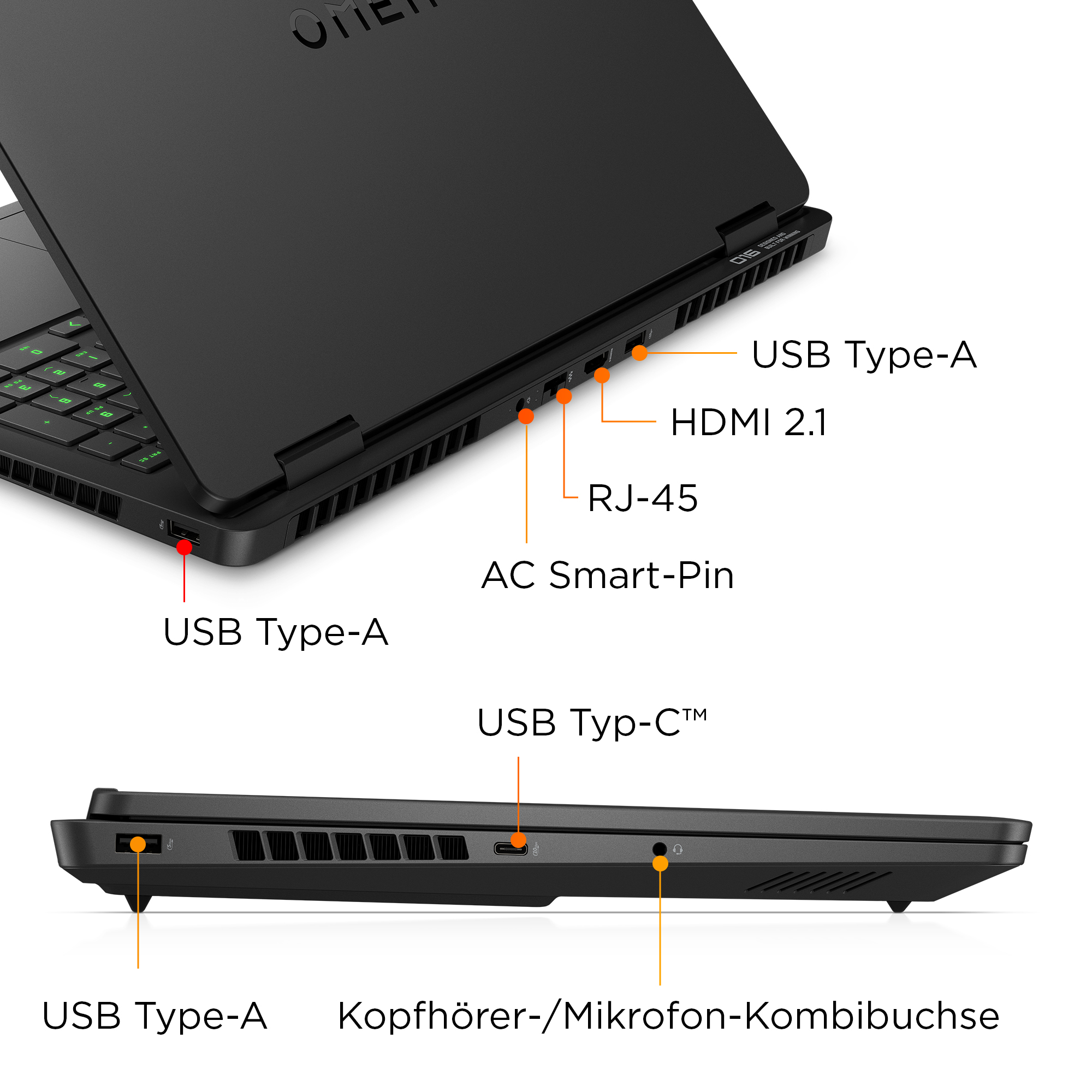 Schwarzer Laptop mit Anschlüssen: USB Typ-A, HDMI 2.1, RJ-45, AC Smart-Pin und USB Typ-C. Hat auch einen Kopfhöreranschluss.