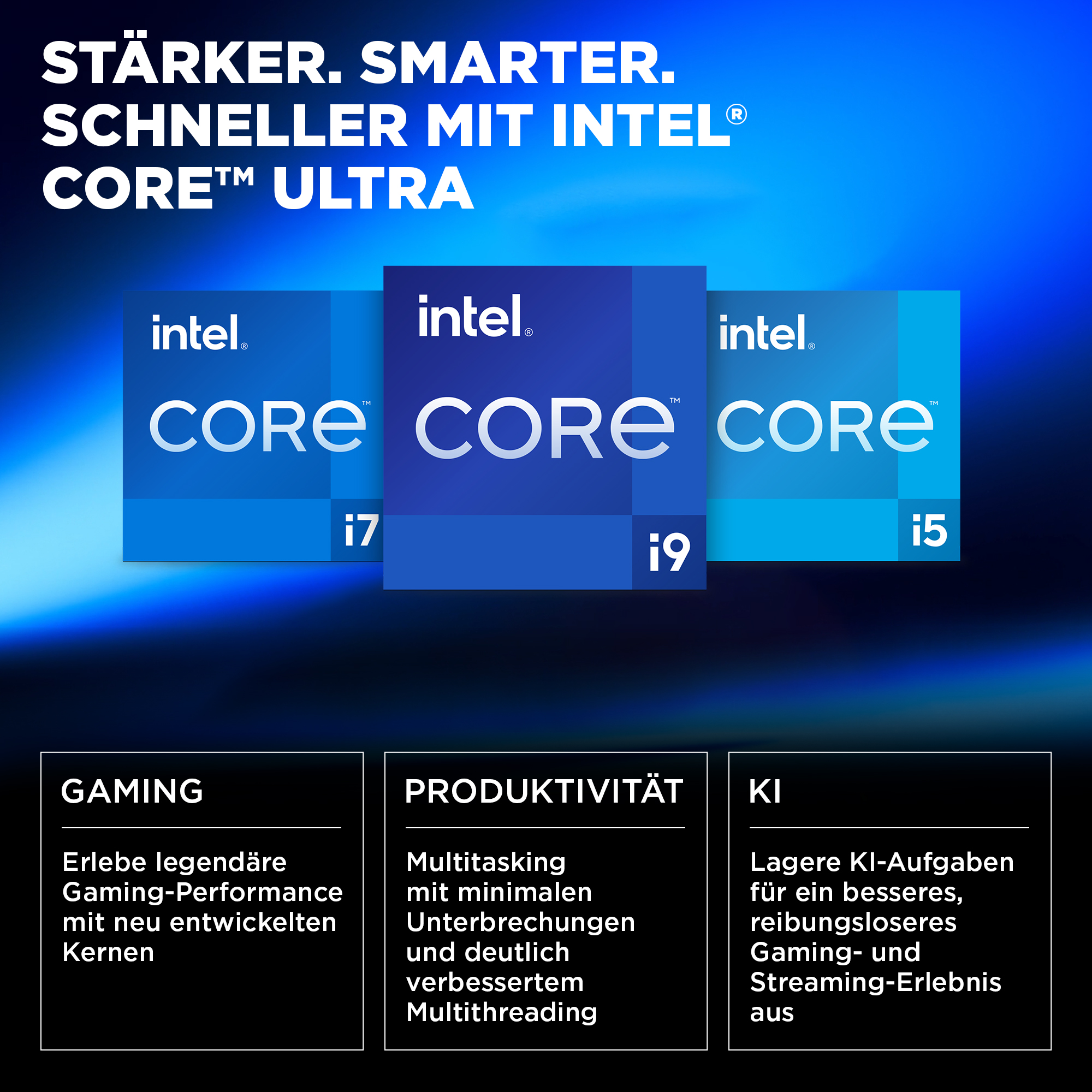Intel Core Ultra Werbung. Logos, Text und Leistungsdetails. Blauer Hintergrund mit i7, i9, i5 Produktlogos.