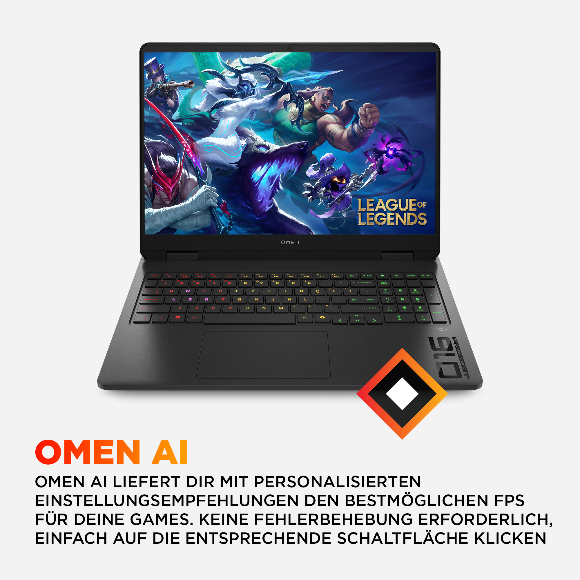 Ein schwarzer Omen-Laptop zeigt ein League of Legends-Spiel. Die Tastatur leuchtet rot und grün, und der Hintergrund ist weiß.