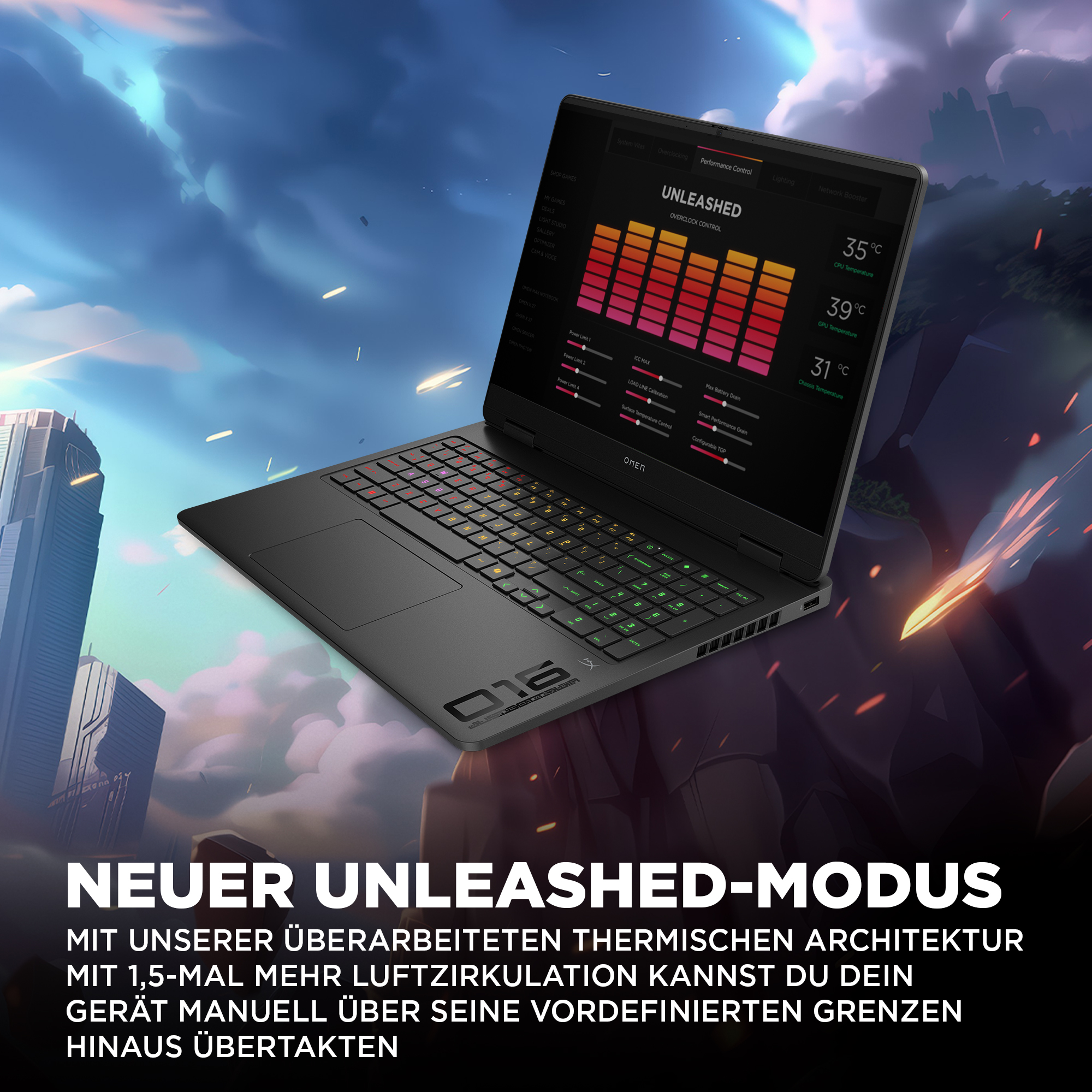 Schwarzer Laptop mit bunter Tastatur zeigt Leistungsdaten. Hintergrund hat einen bewölkten, stilisierten Himmel und Text.