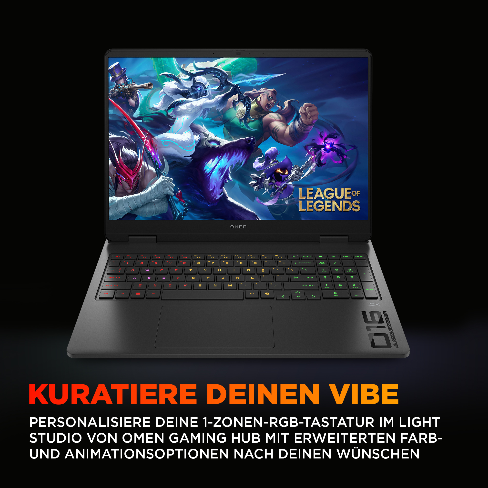 Ein schwarzer OMEN-Laptop zeigt das Spiel League of Legends. Die Tastatur hat farbige RGB-Lichter. Text unten: 'Kuratiere deinen Vibe'.