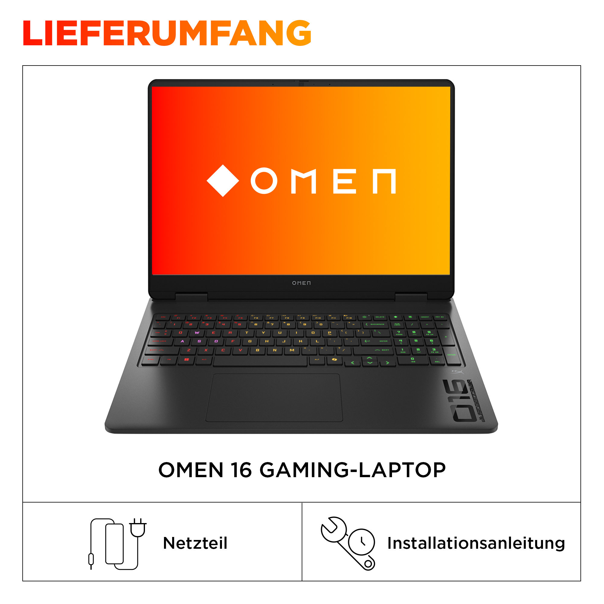 Ein OMEN 16 Gaming-Laptop. Der Bildschirm zeigt das OMEN-Logo. Zubehör: Netzteil und Installationsanleitung sind enthalten.