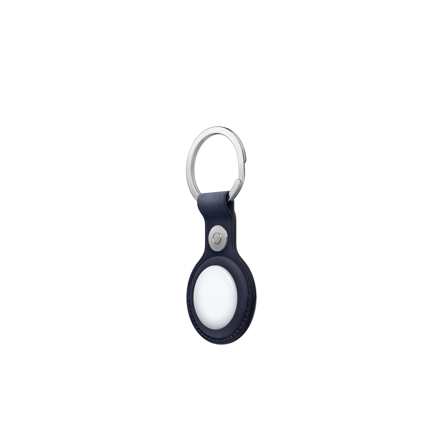 An Apple AirTag with a navy leather keychain. The AirTag has a white face and a silver metal ring.