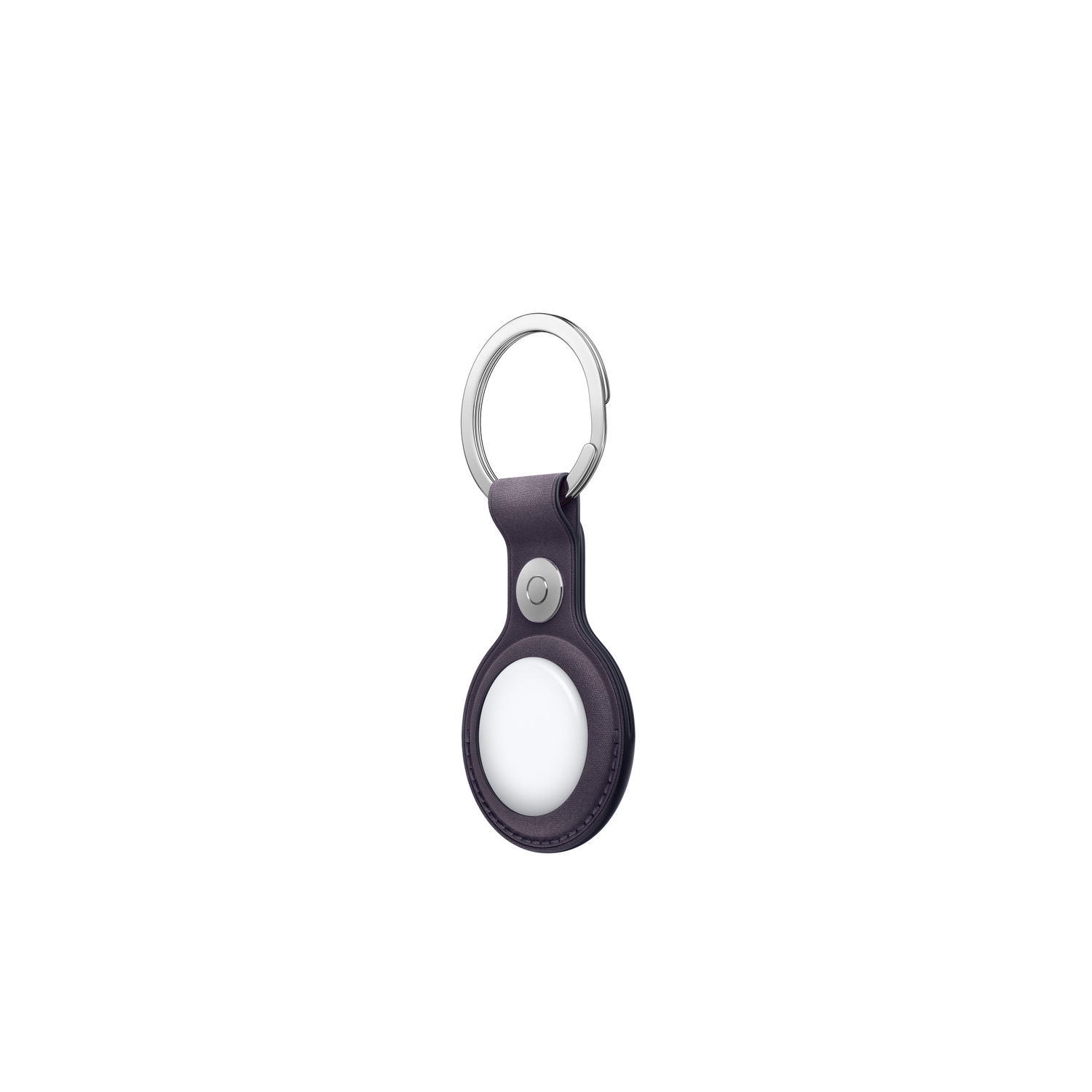 A key chain with a dark purple leather AirTag holder and a silver key ring. The AirTag has a white circular center.
