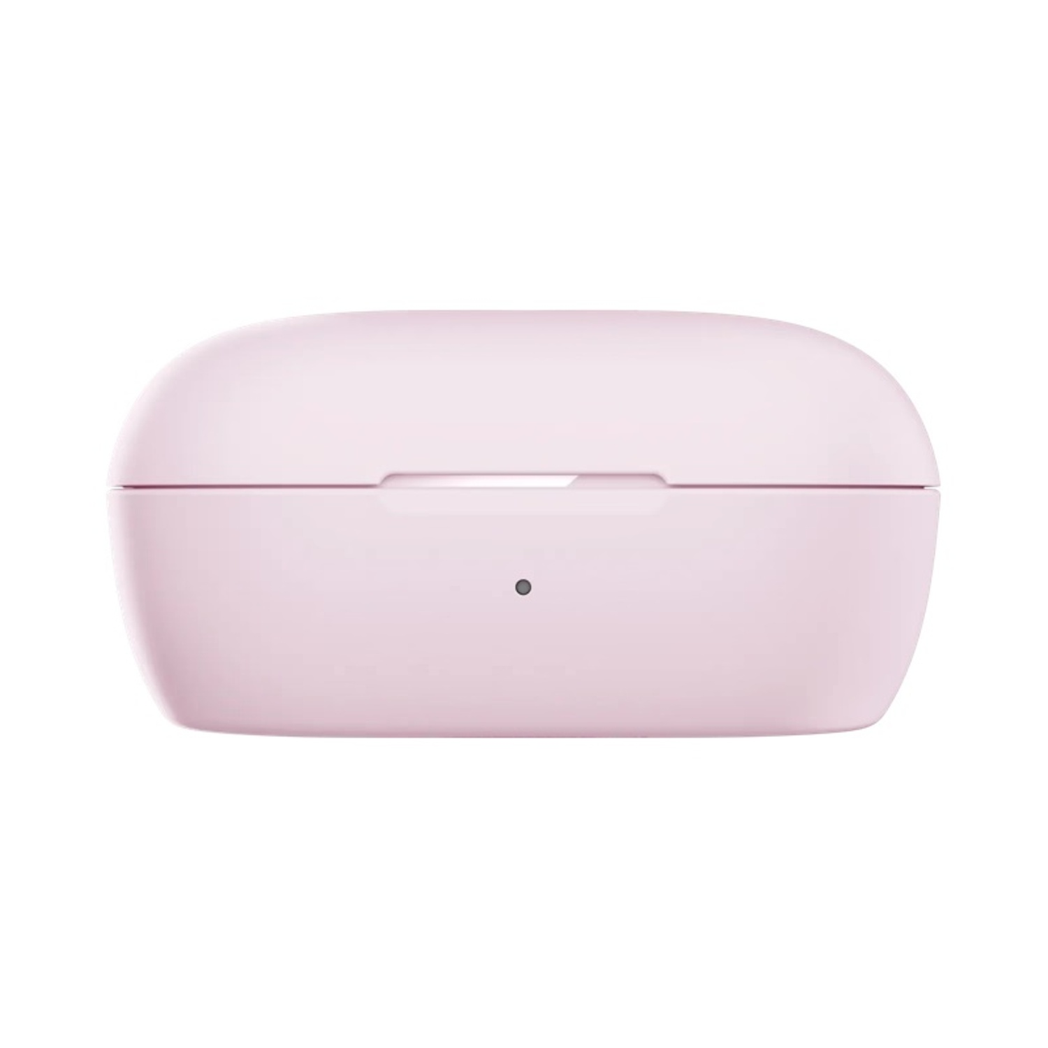 Un astuccio di ricarica rosa chiaro, di forma ovale, per auricolari. Ha una piccola apertura in alto e un piccolo punto nero sul davanti.