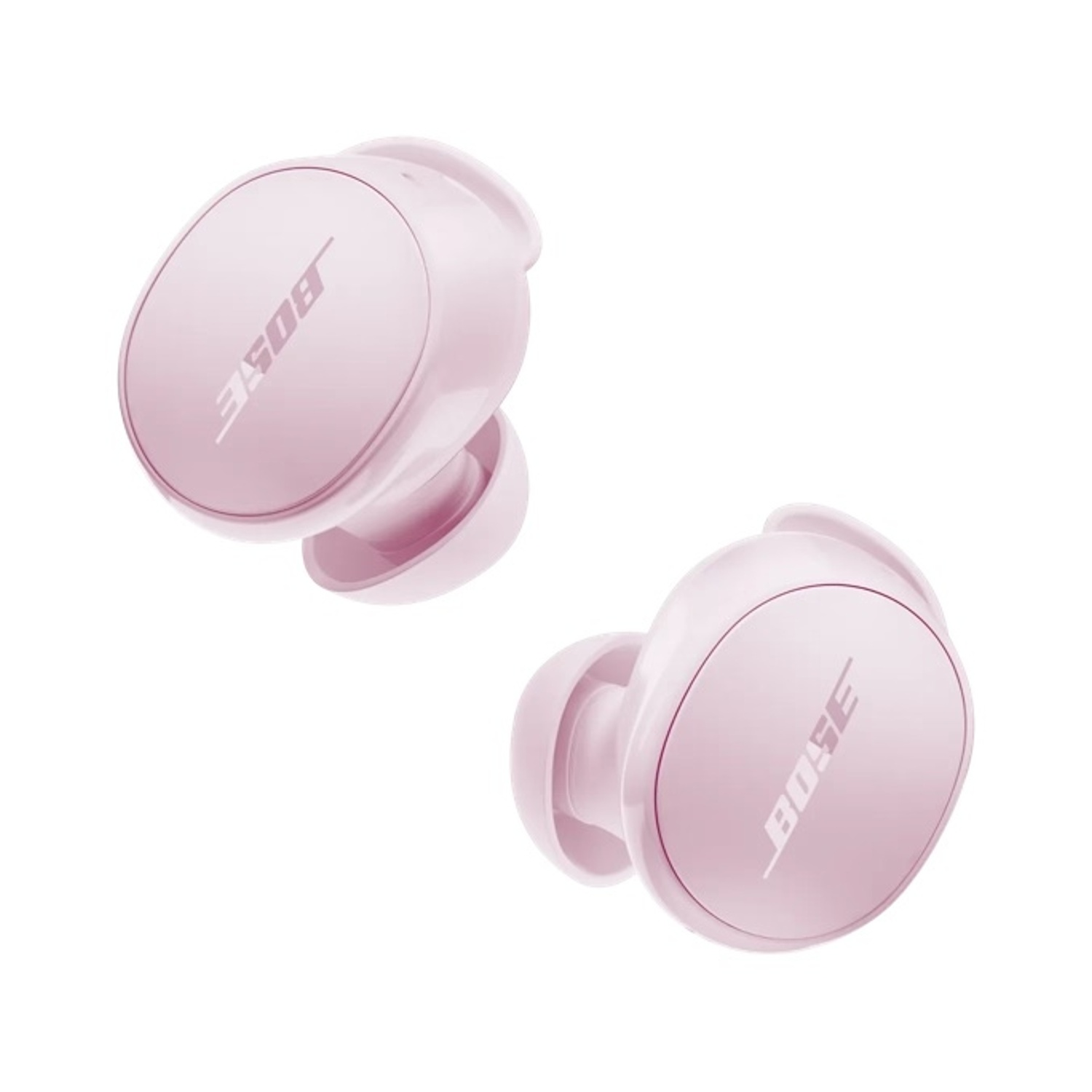 Due auricolari Bose rosa su sfondo bianco. Ogni auricolare ha il logo Bose. L'immagine è ben illuminata e a fuoco.