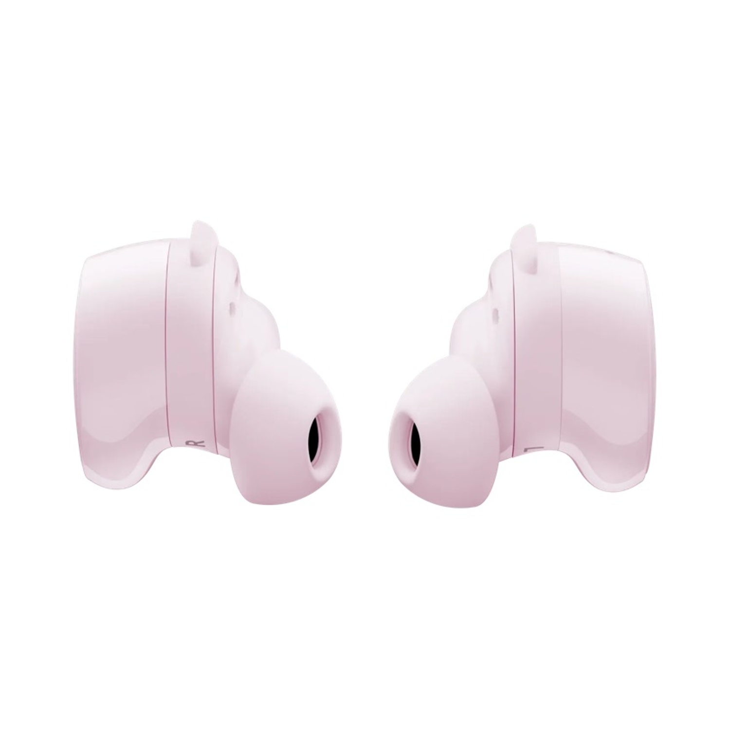 Due auricolari wireless rosa su sfondo bianco. Ognuno ha un corpo arrotondato e un puntale. L'auricolare destro è etichettato 'R'.