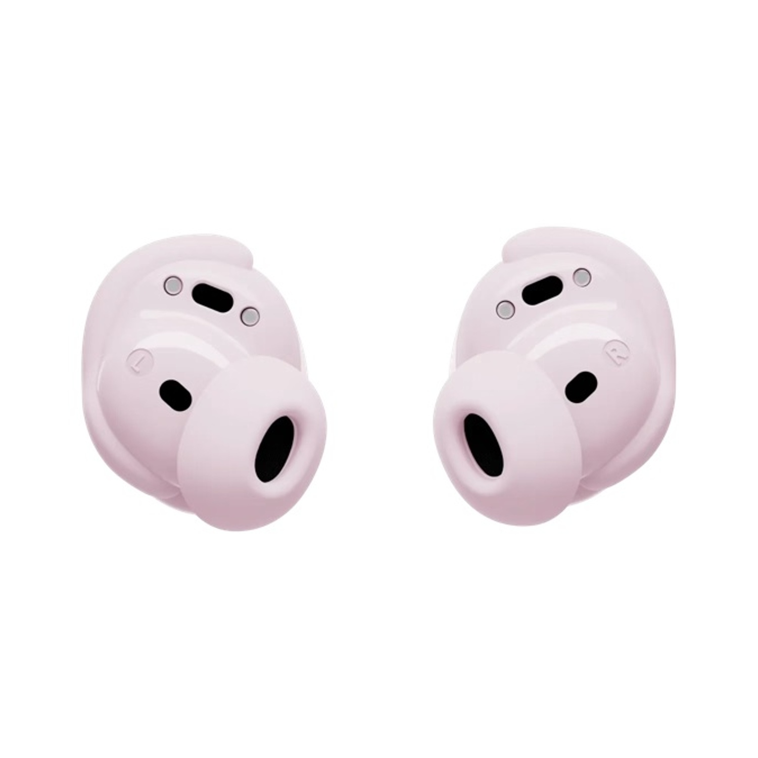 Due auricolari wireless rosa chiaro su sfondo bianco. Ogni auricolare ha un interno nero e piccoli fori.