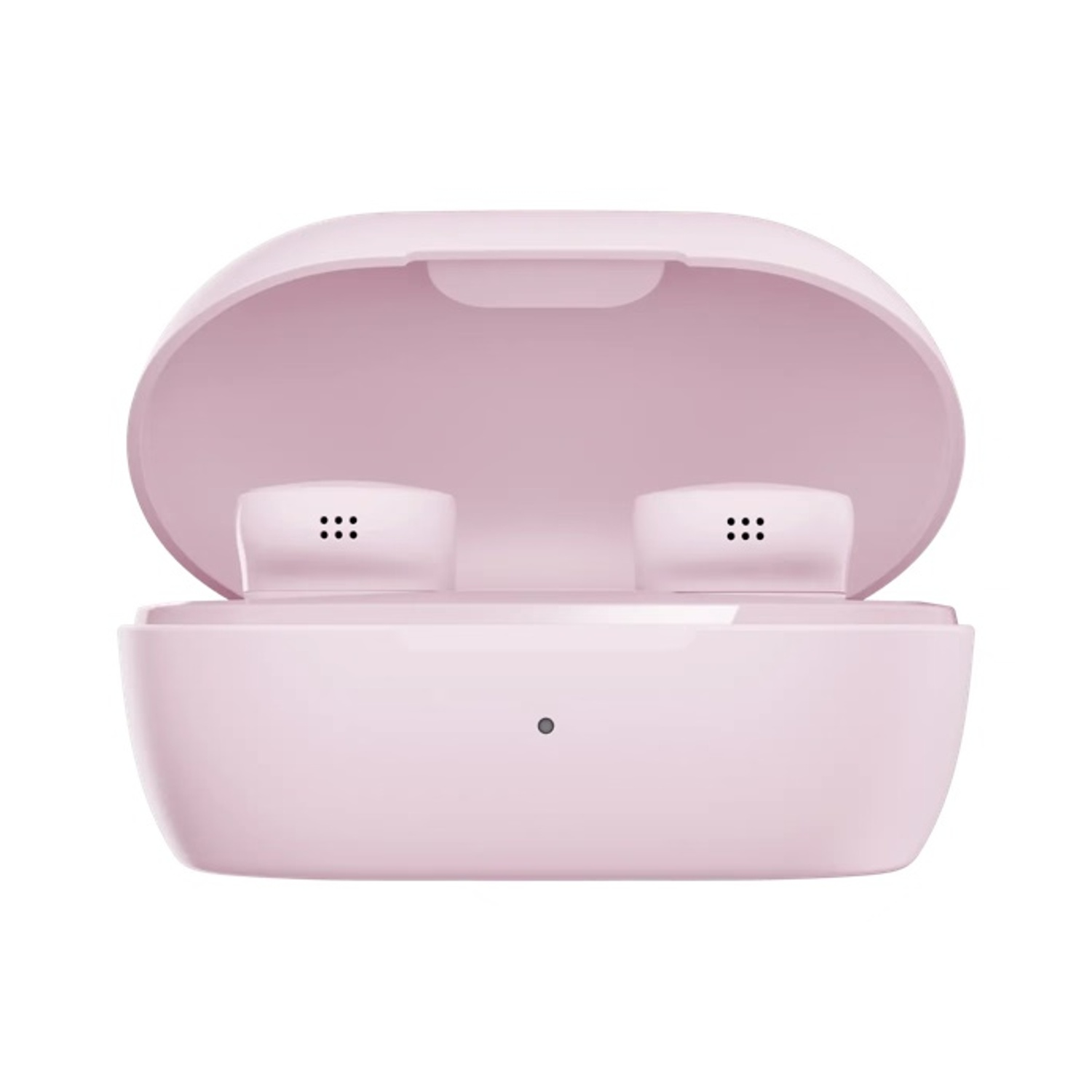 Auricolari wireless rosa in una custodia di ricarica aperta. La custodia e gli auricolari sono rosa. La custodia è aperta.