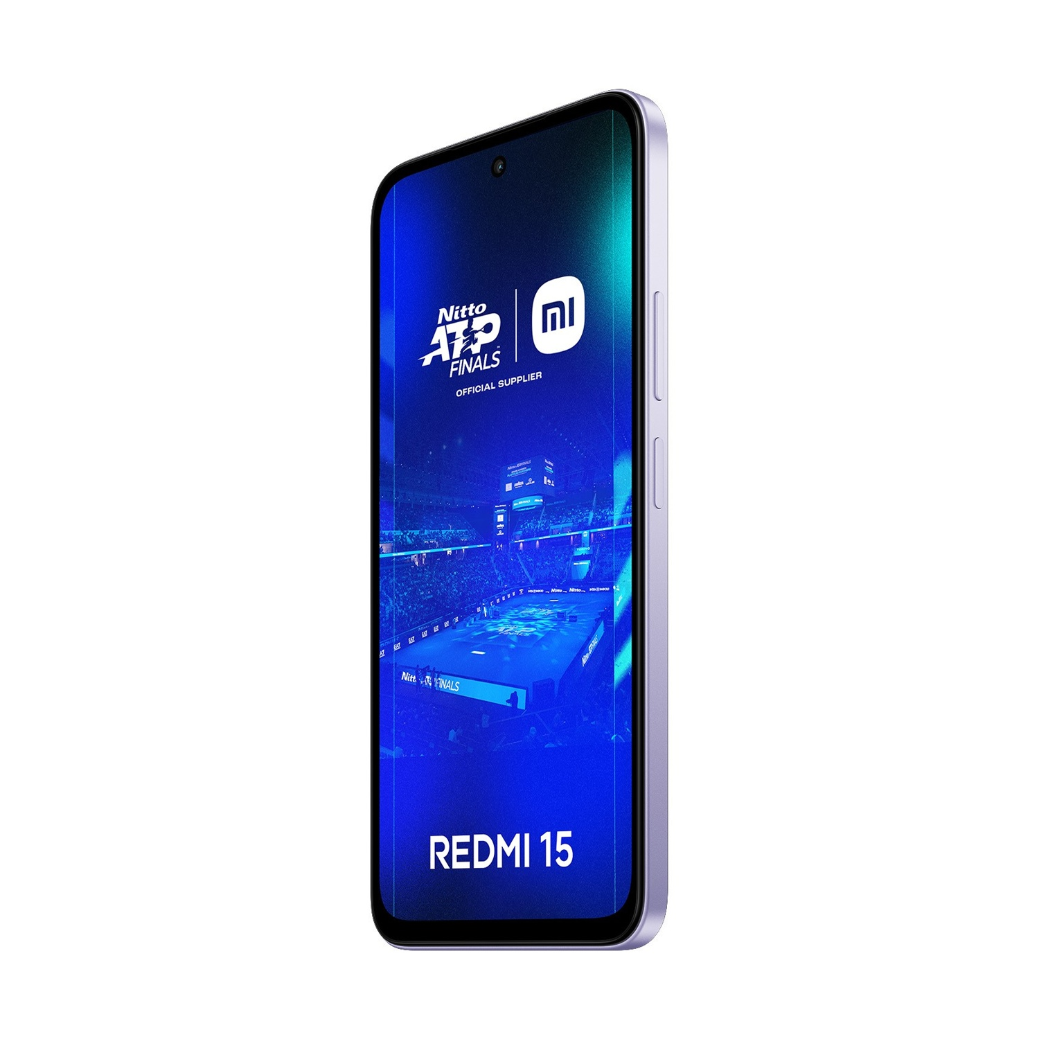 Un telefono Redmi 15 mostra il logo Nitto ATP Finals sullo schermo. Il telefono è lilla chiaro con sfondo bianco.